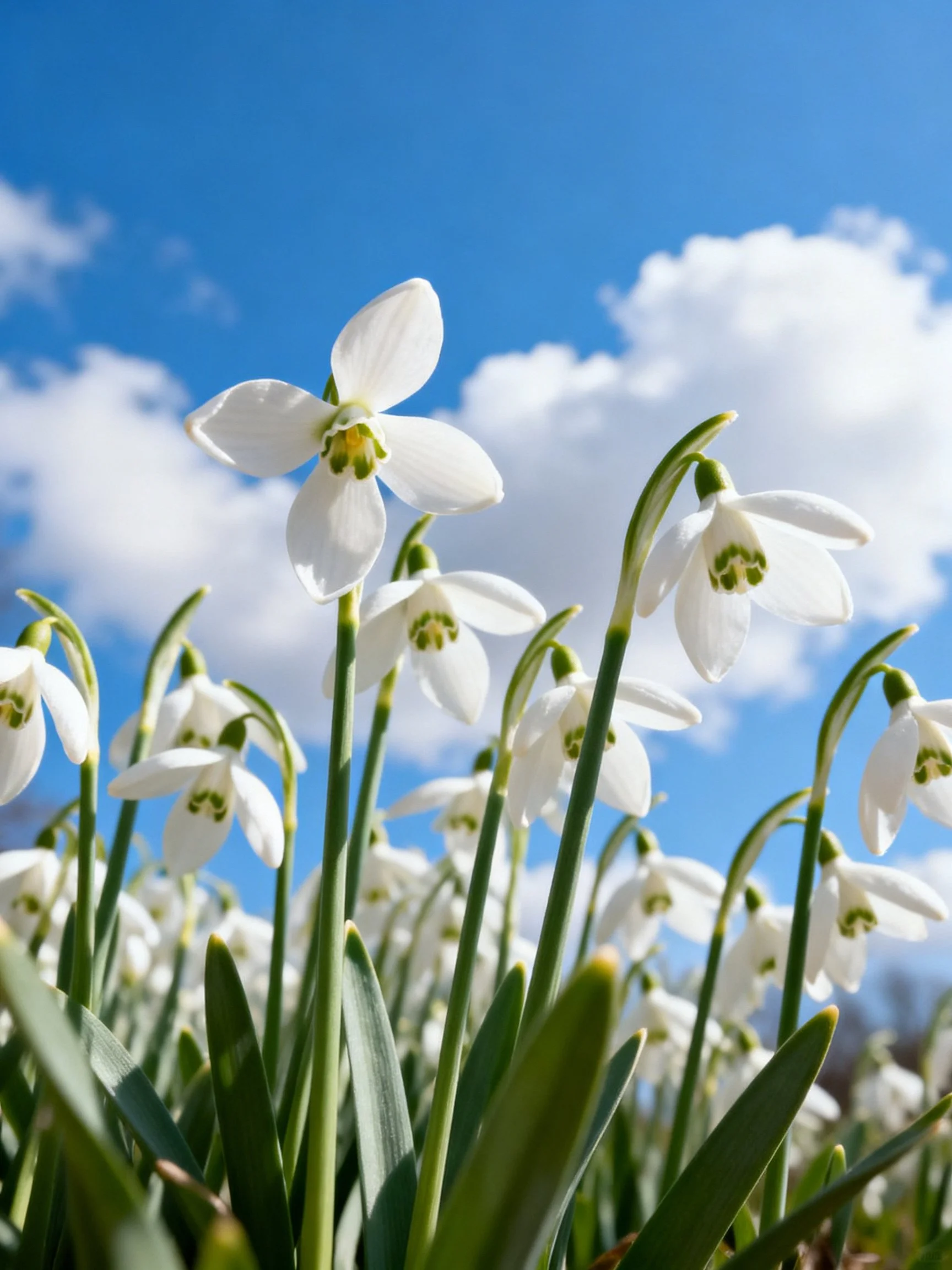 White snowdrop flowers against clear blue sky with fluffy clouds