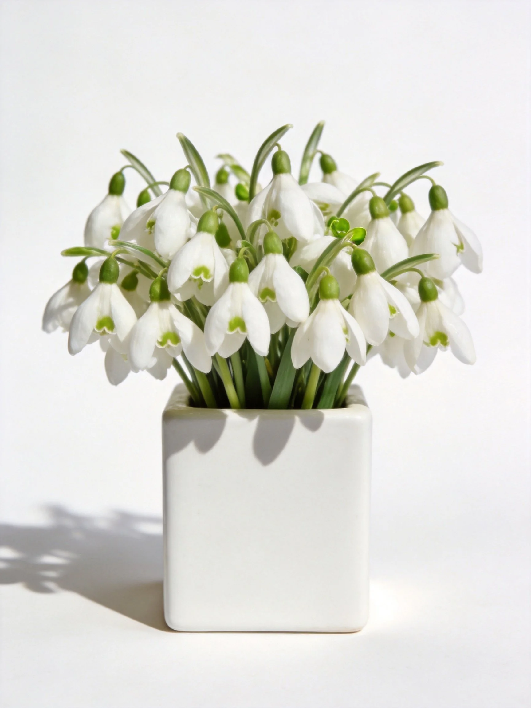 White snowdrop flowers arranged in a square white vase