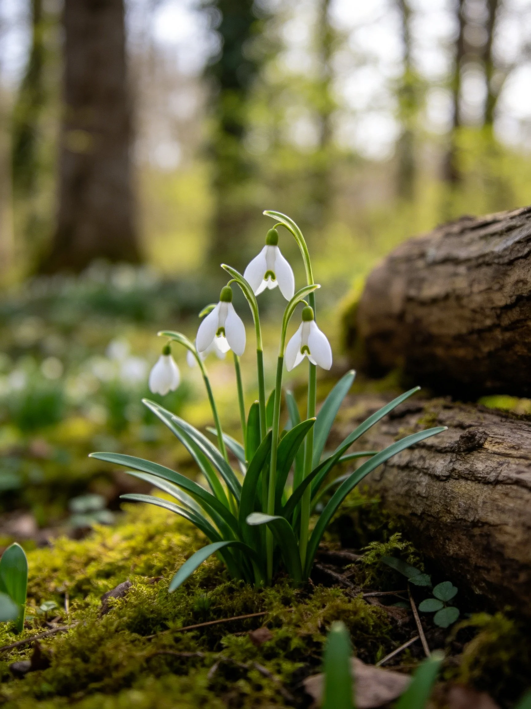 White snowdrop flowers thrive next to moss-covered logs in a forest clearing