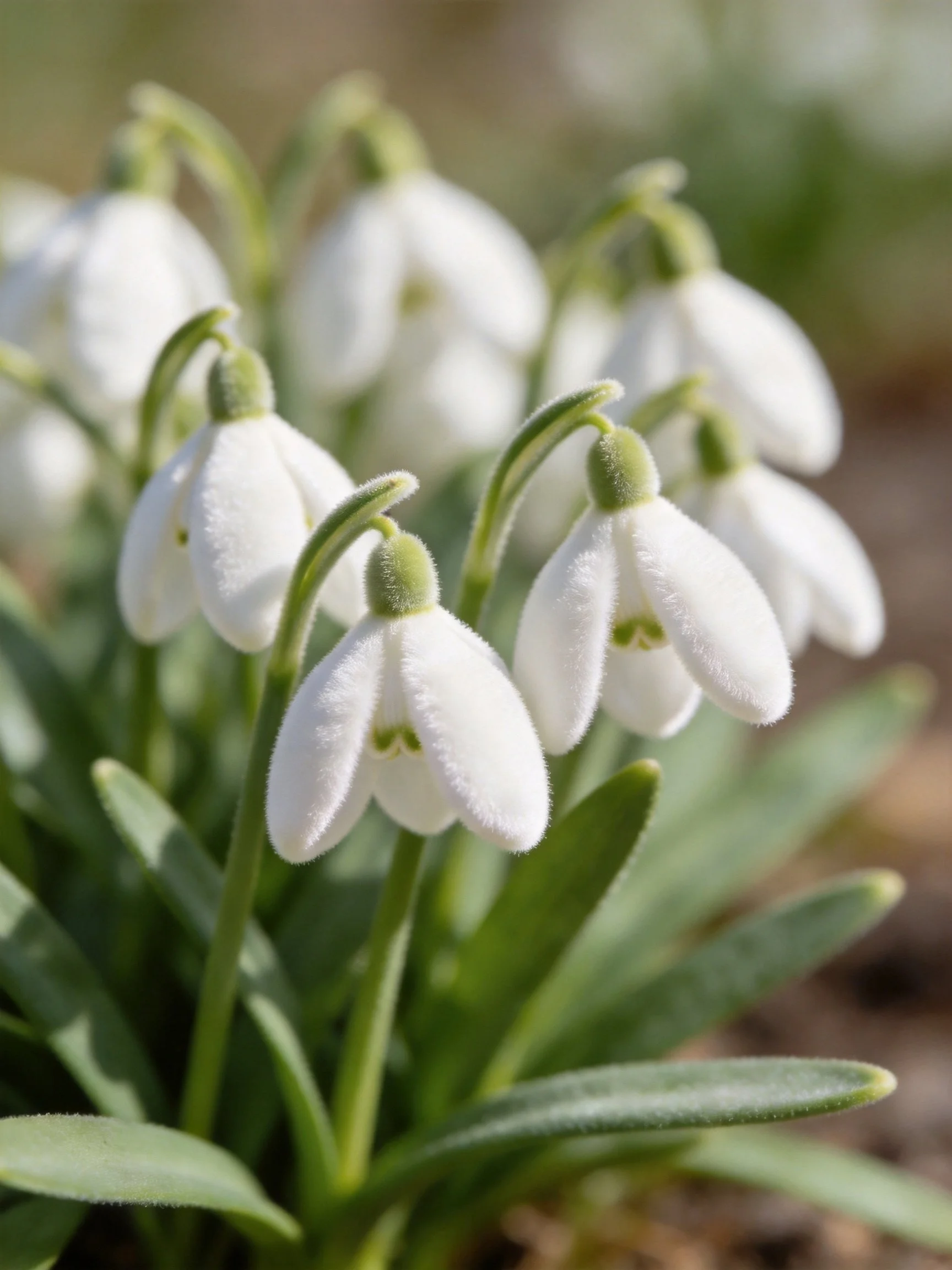 White snowdrop flowers with green stems and leaves