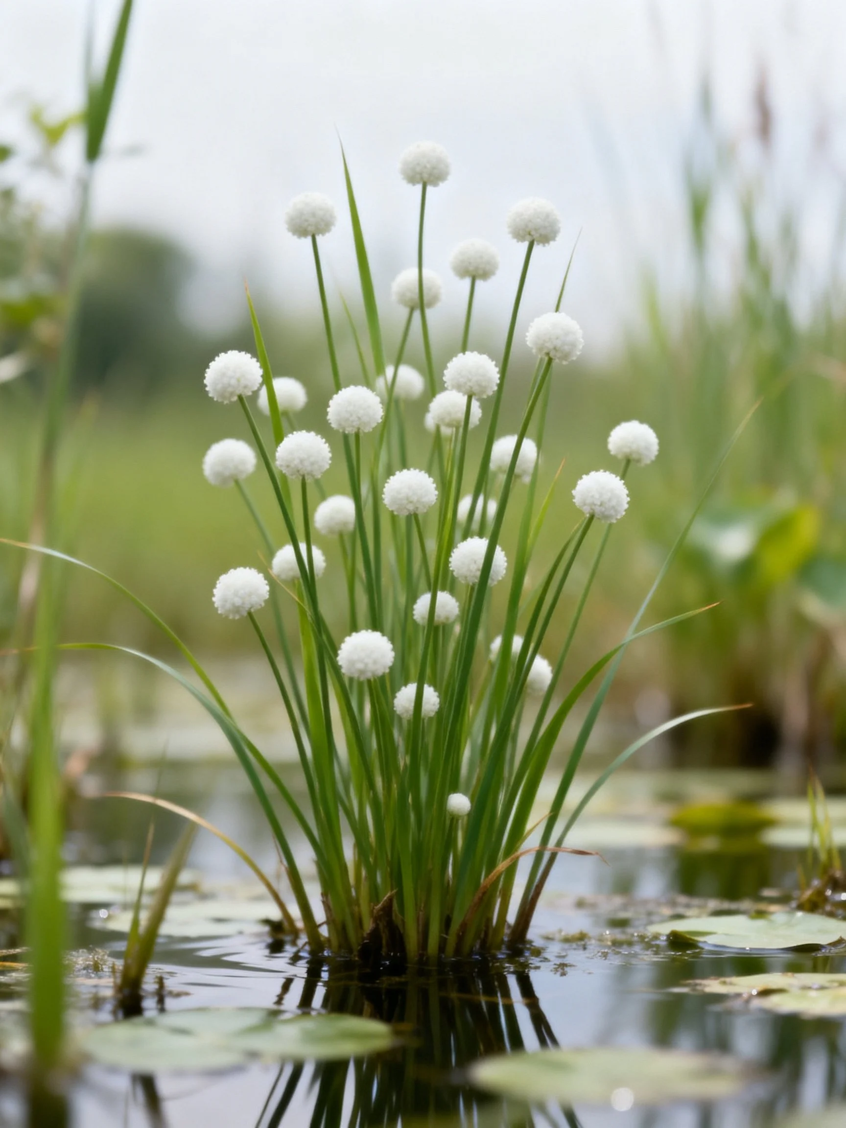 White spherical flowers among tall green stems in shallow water