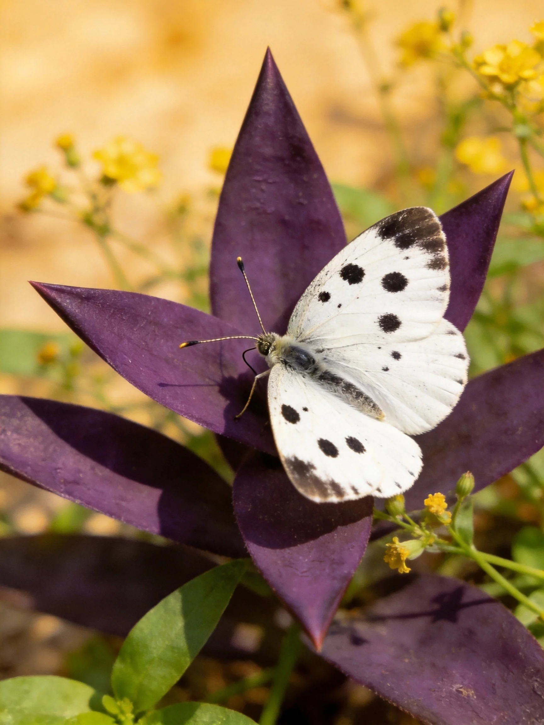 White-spotted butterfly on deep purple starflower