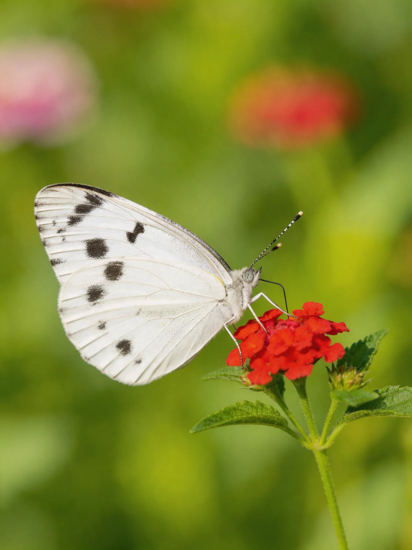 White spotted butterfly on vibrant red flowers