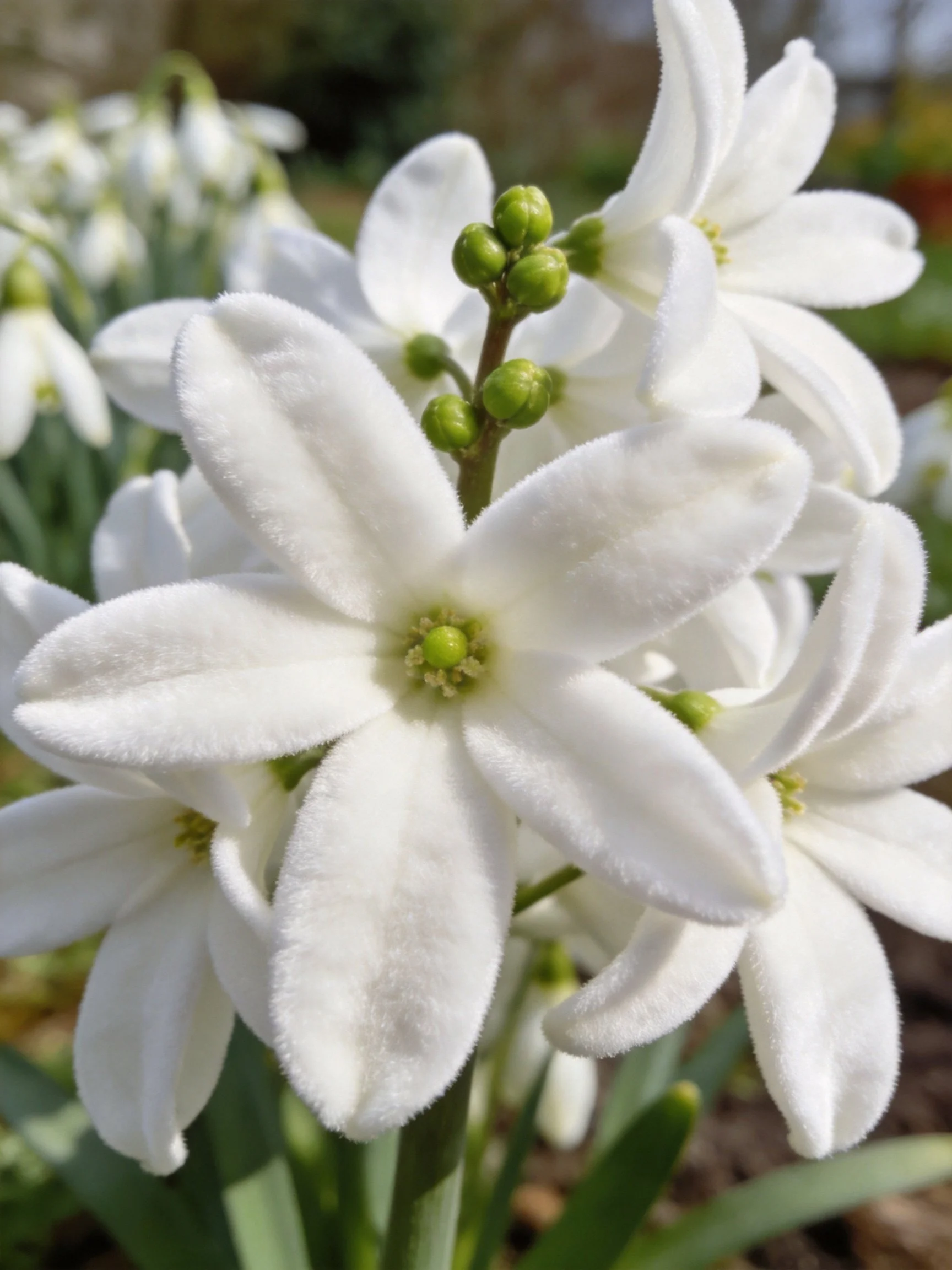 White star - shaped flowers with green buds ina garden
