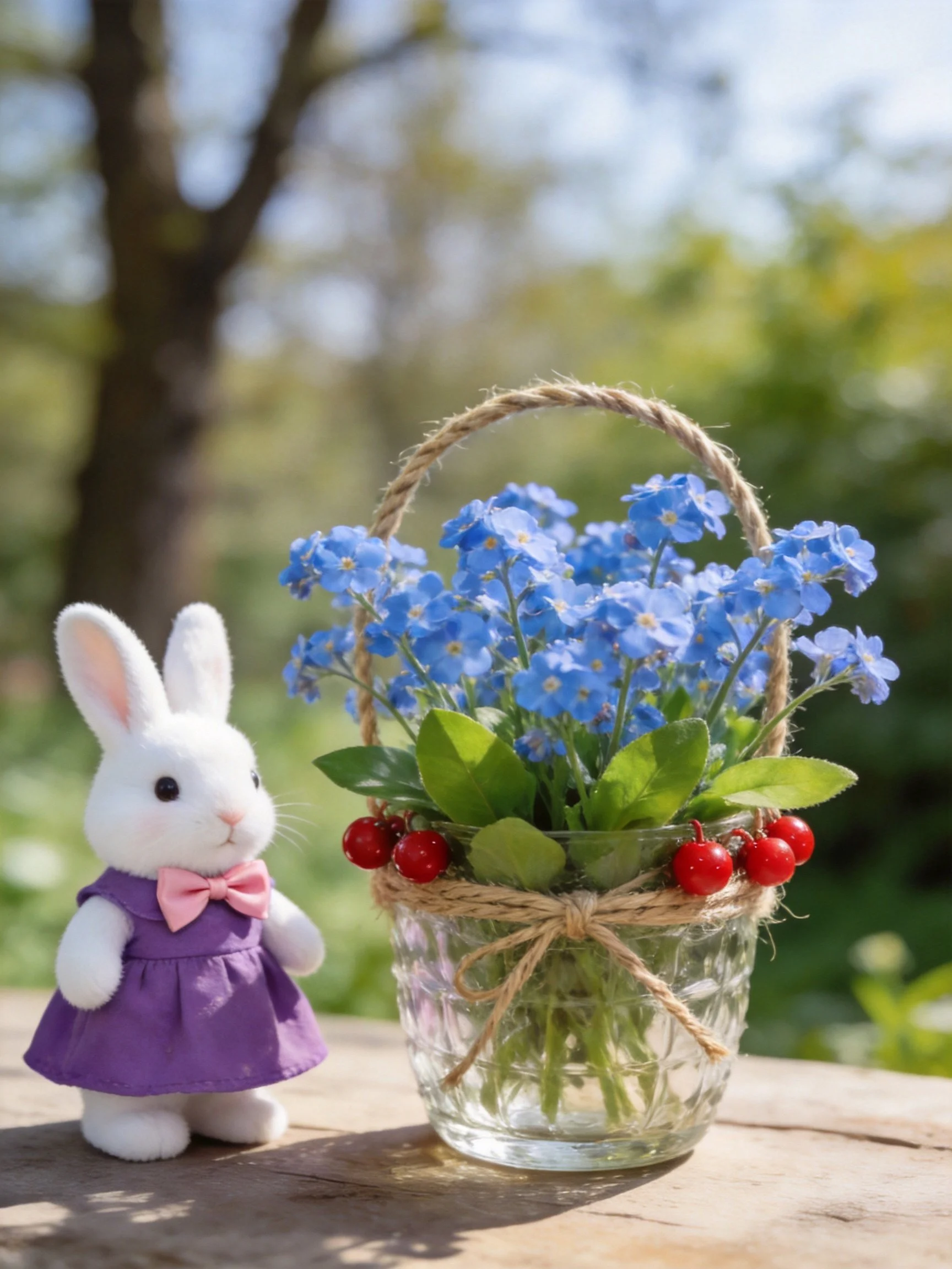 White stuffed rabbit in purple dress beside glass vase with blue flowers