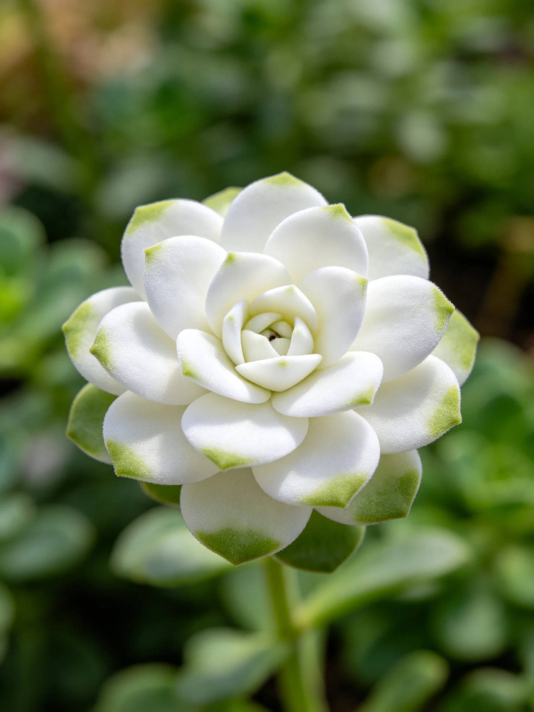 White succulent flower with green-tipped petals, centered among greenery
