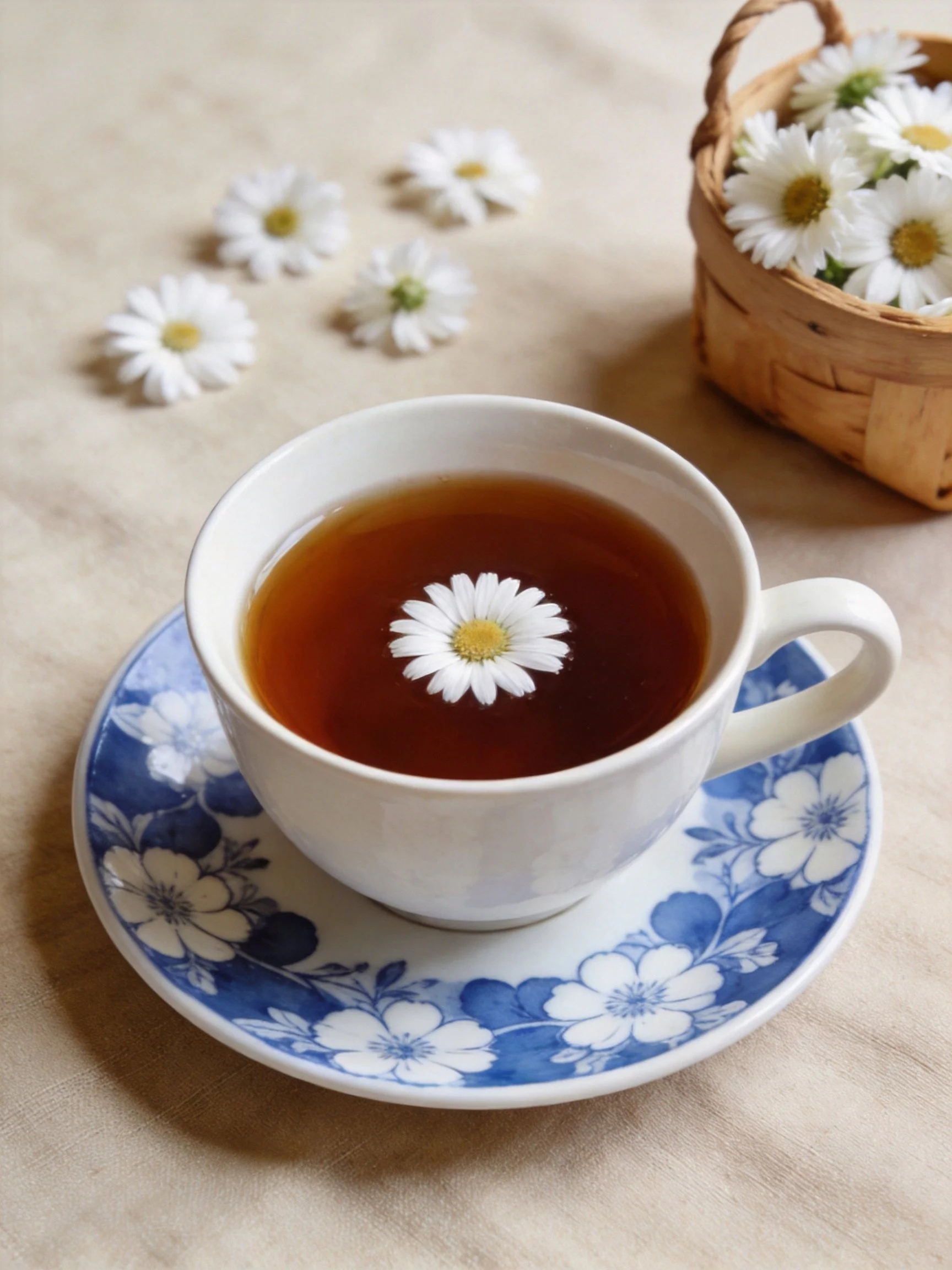 White teacup with daisy on amber liquid, blue floral saucer