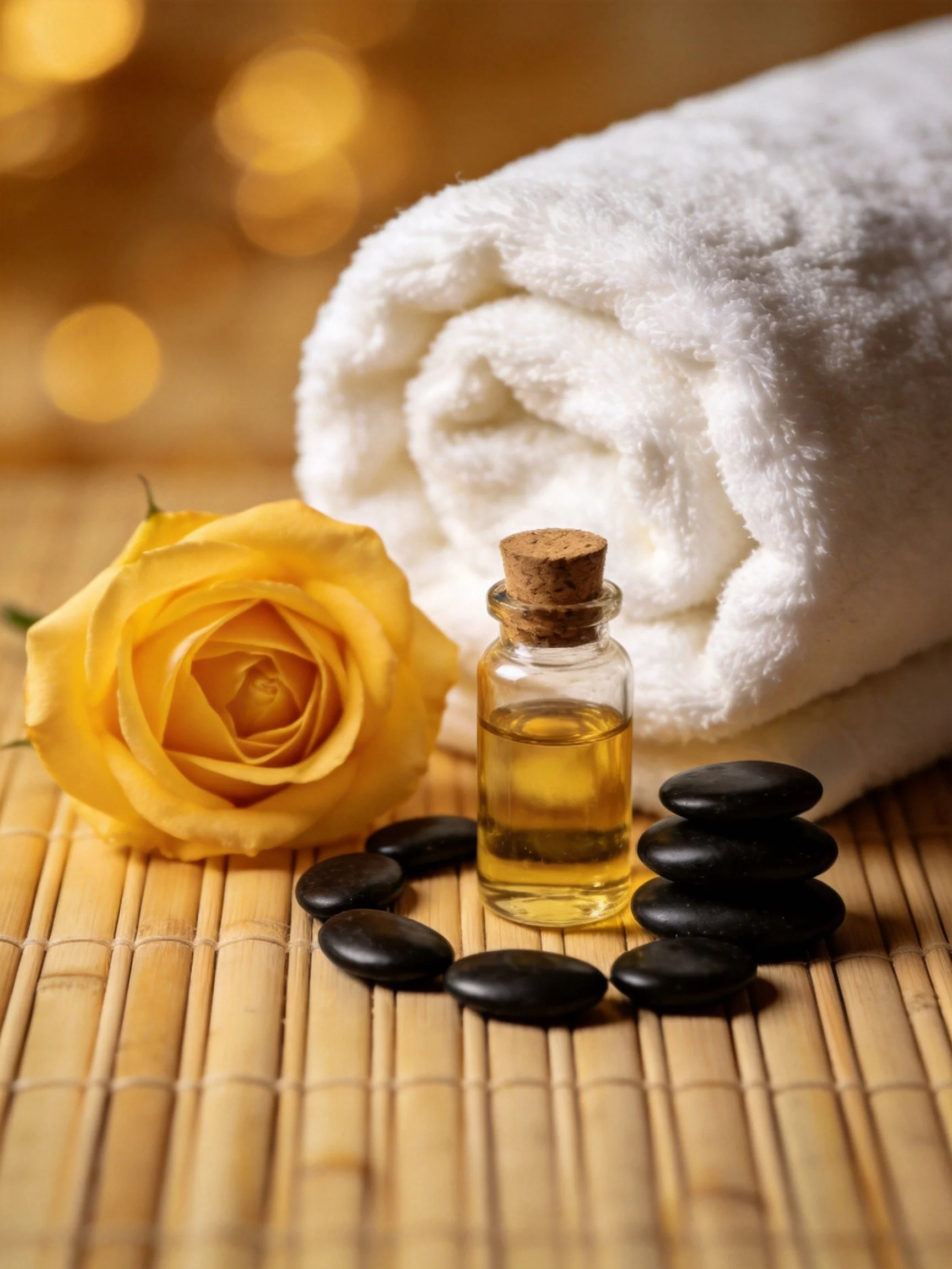 White towel, yellow rose, glass oil bottle, and black stones on bamboo mat