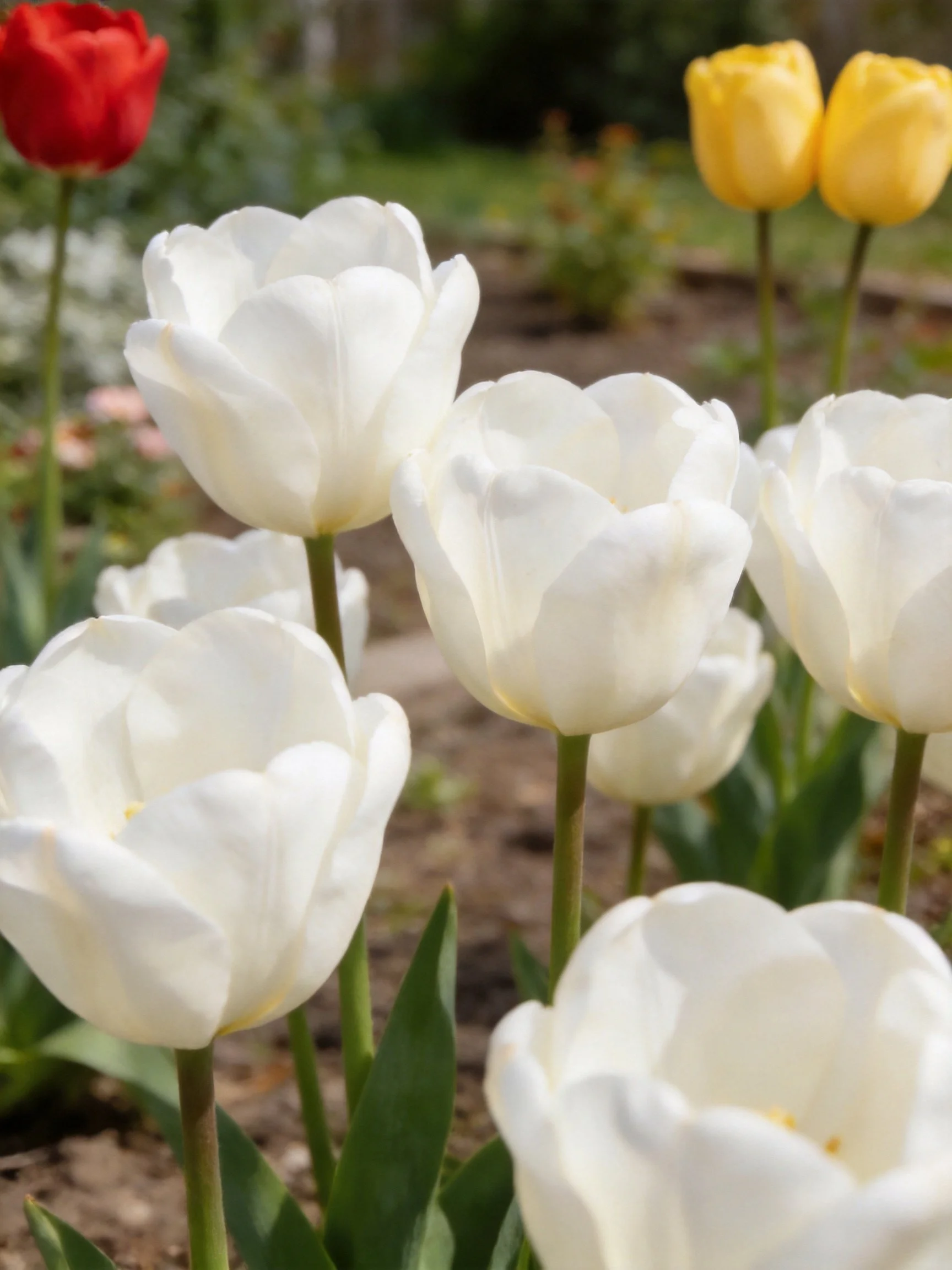 White tulips cluster in a garden with red and yellow blooms