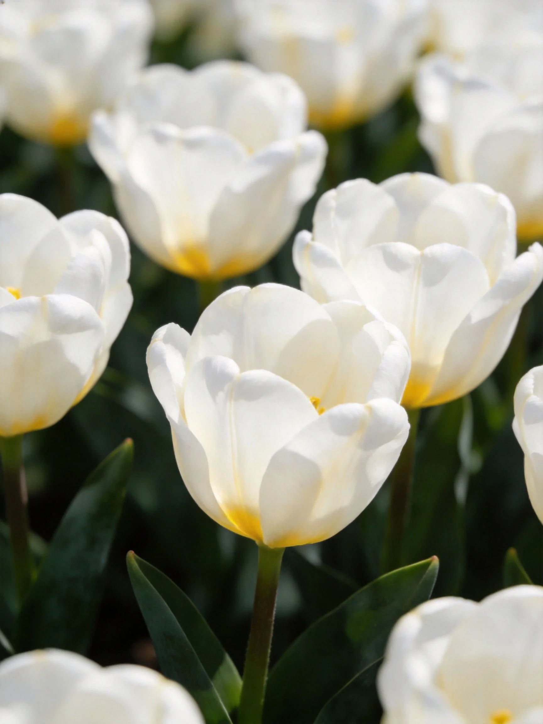 White tulips with yellow centers clustered in a garden