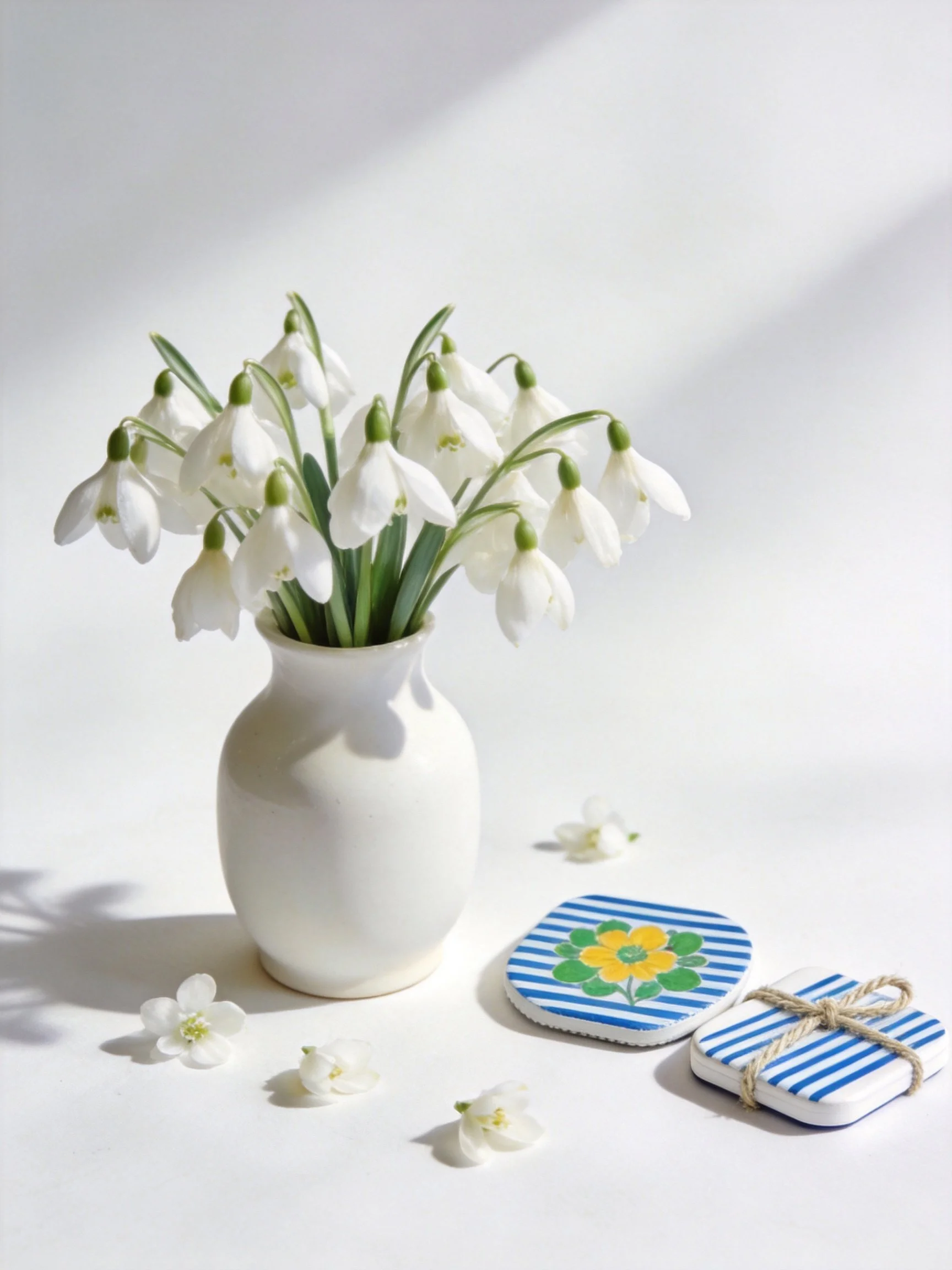 White vasewith snowdrop bouquet beside blue-striped coasters