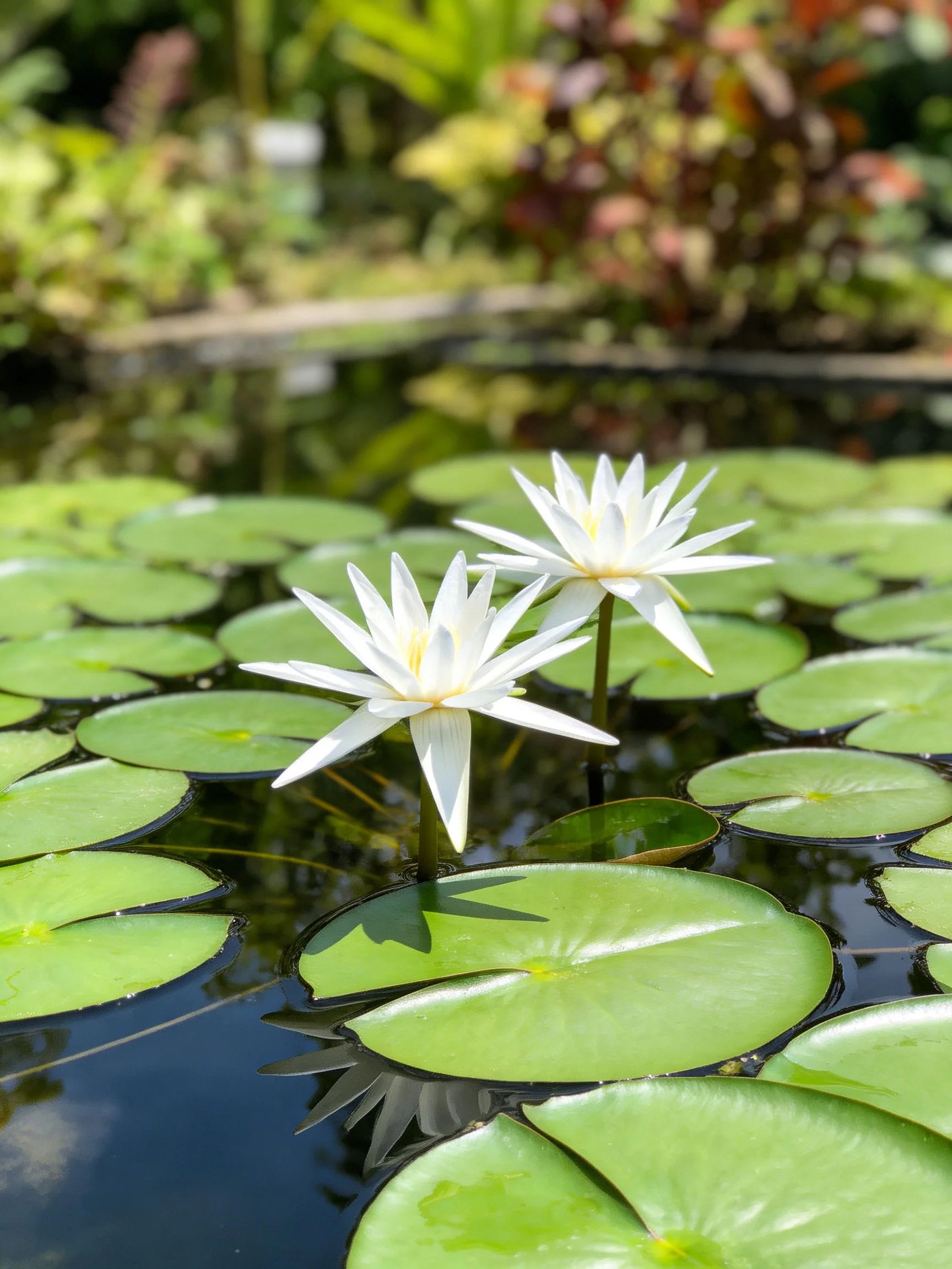 White water lilies bloom among green lily pads in calm water