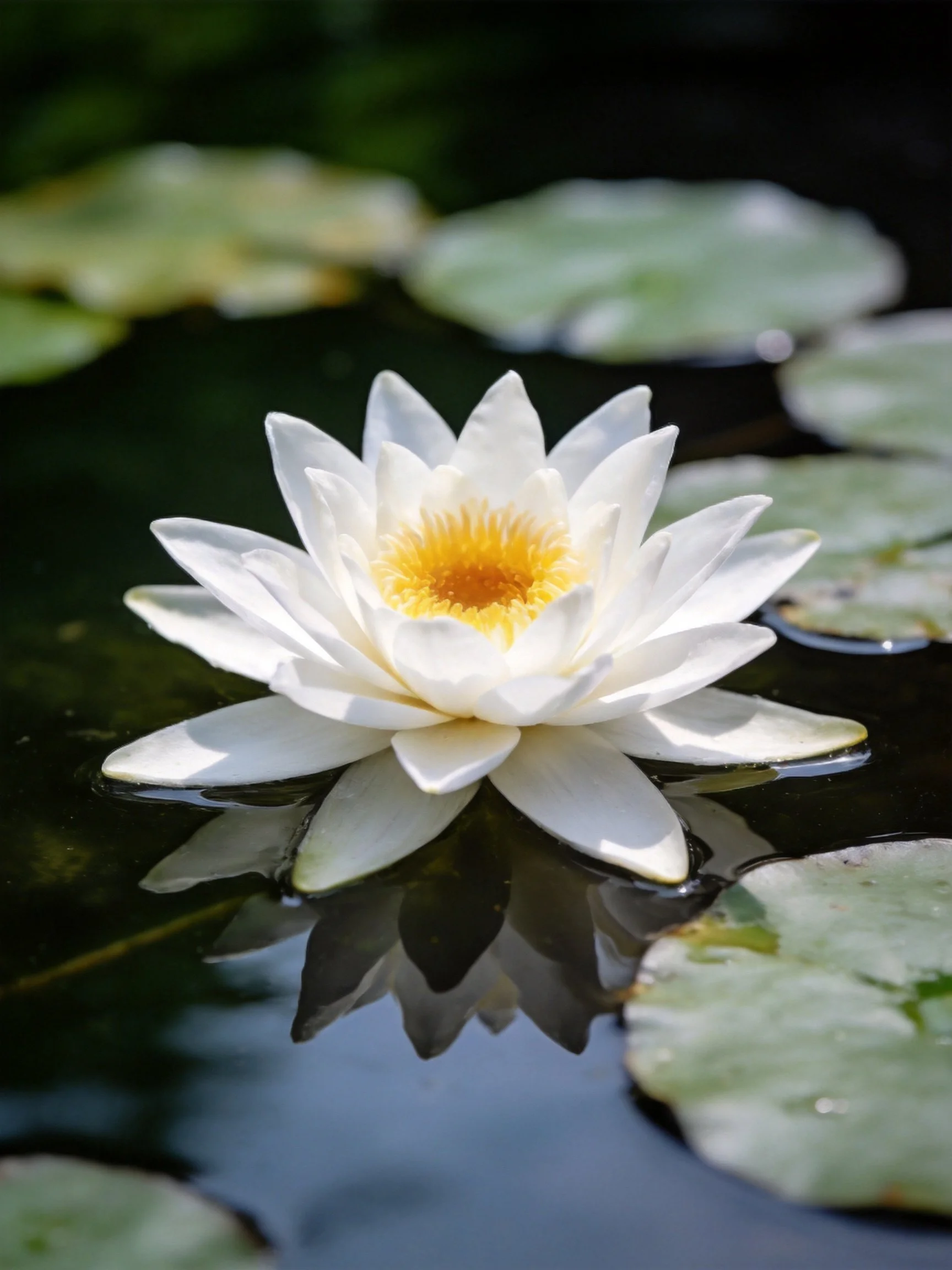 White water lily blooms amid green lily pads on dark water