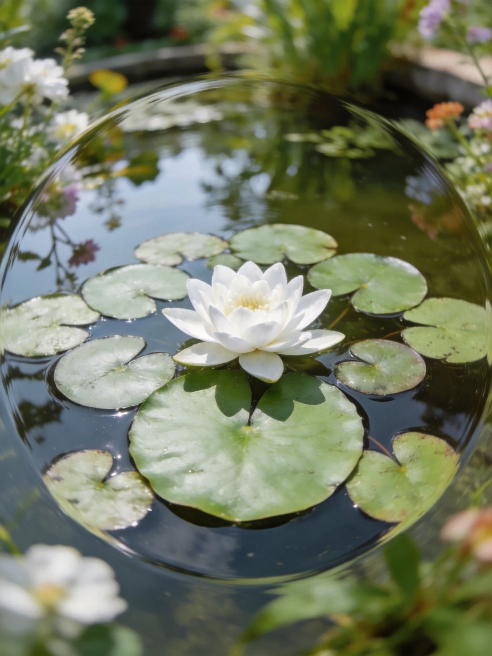 White water lily centered among green lily pads in a circular pond