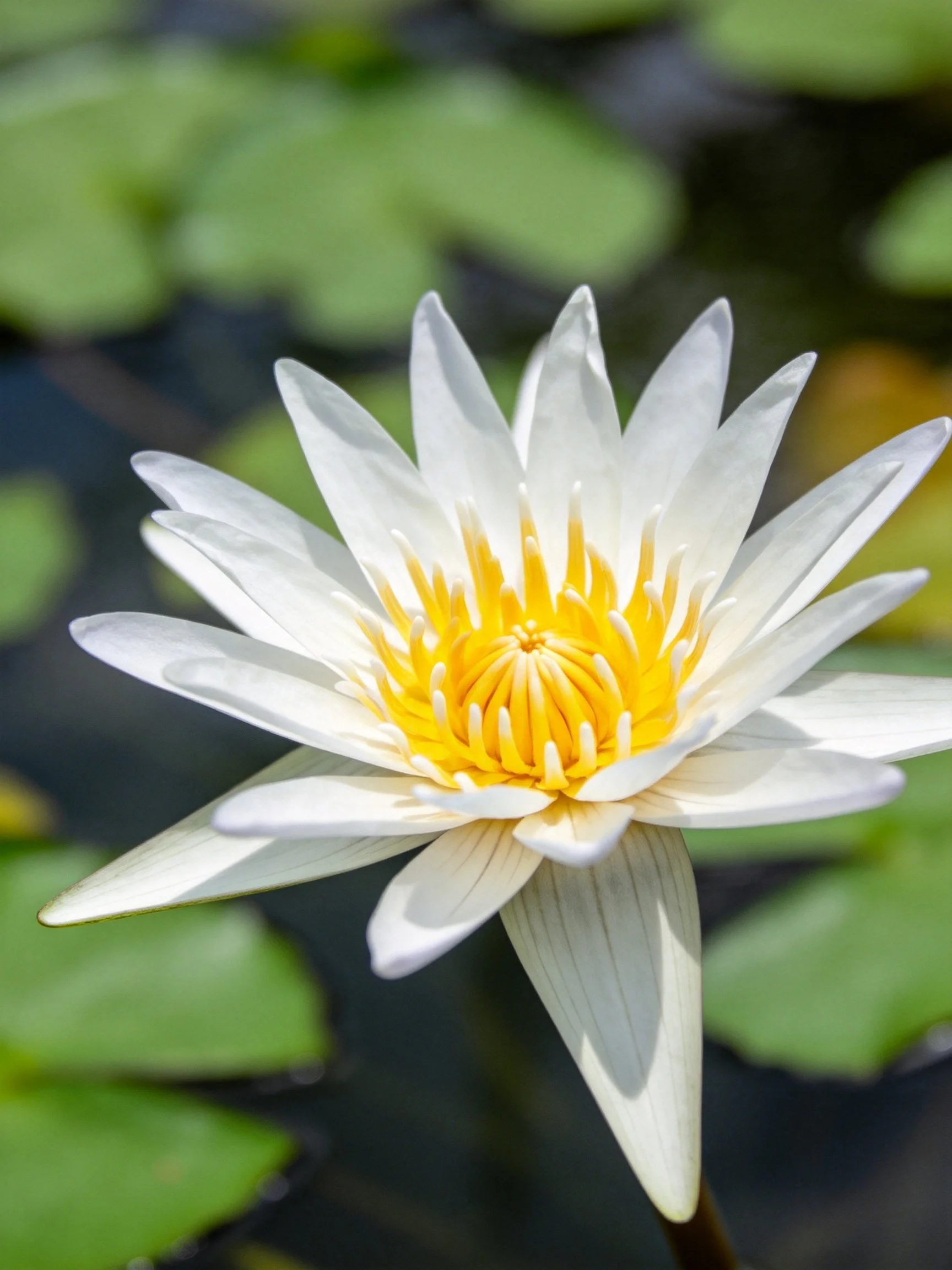 White water lily with bright yellow center amid green lily pads