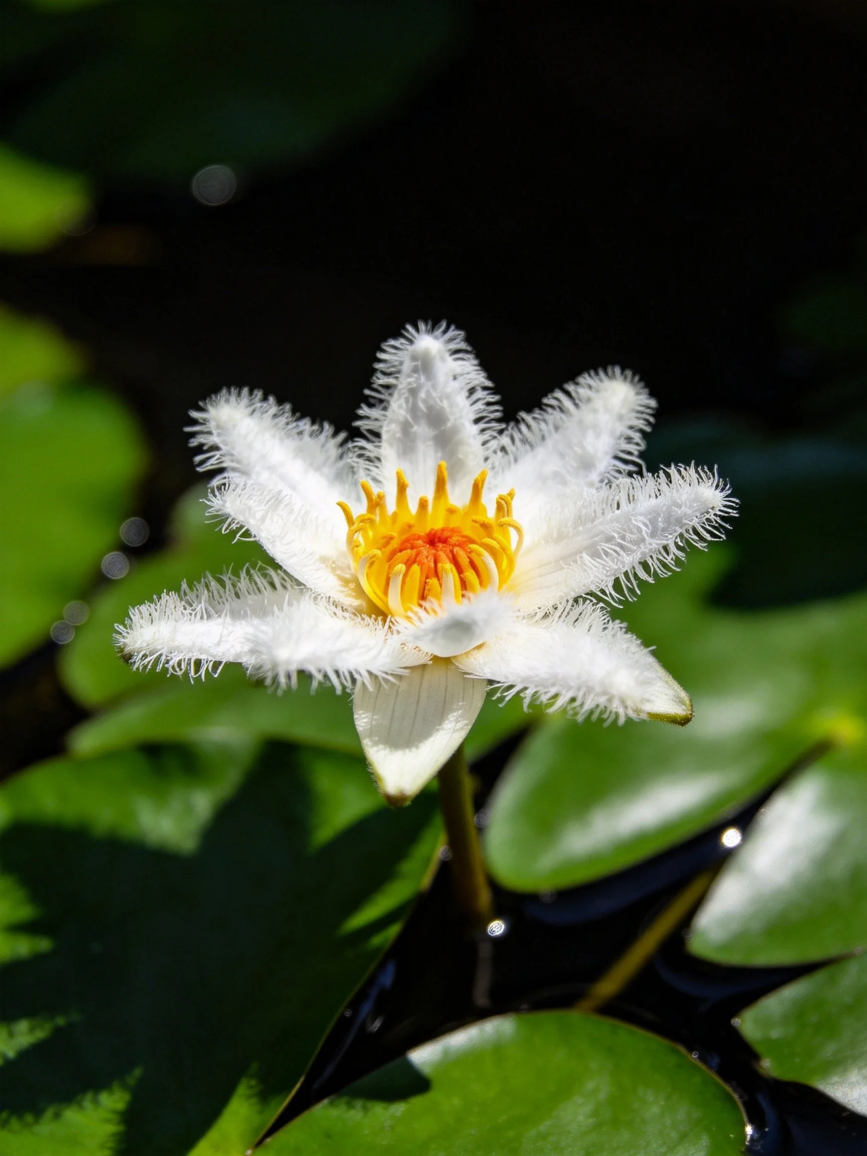 White water lily with fuzzy petals and bright yellow center