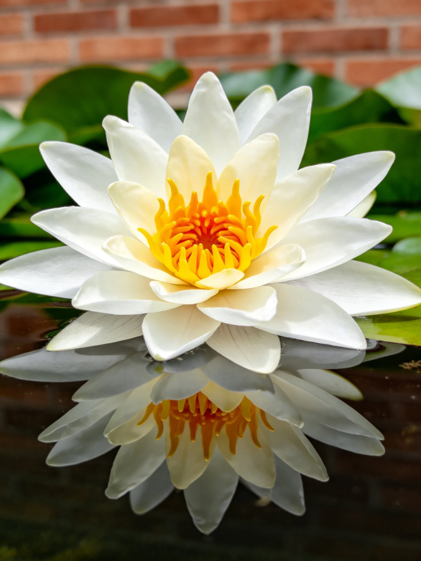 White water lily with golden center reflecting on calm water