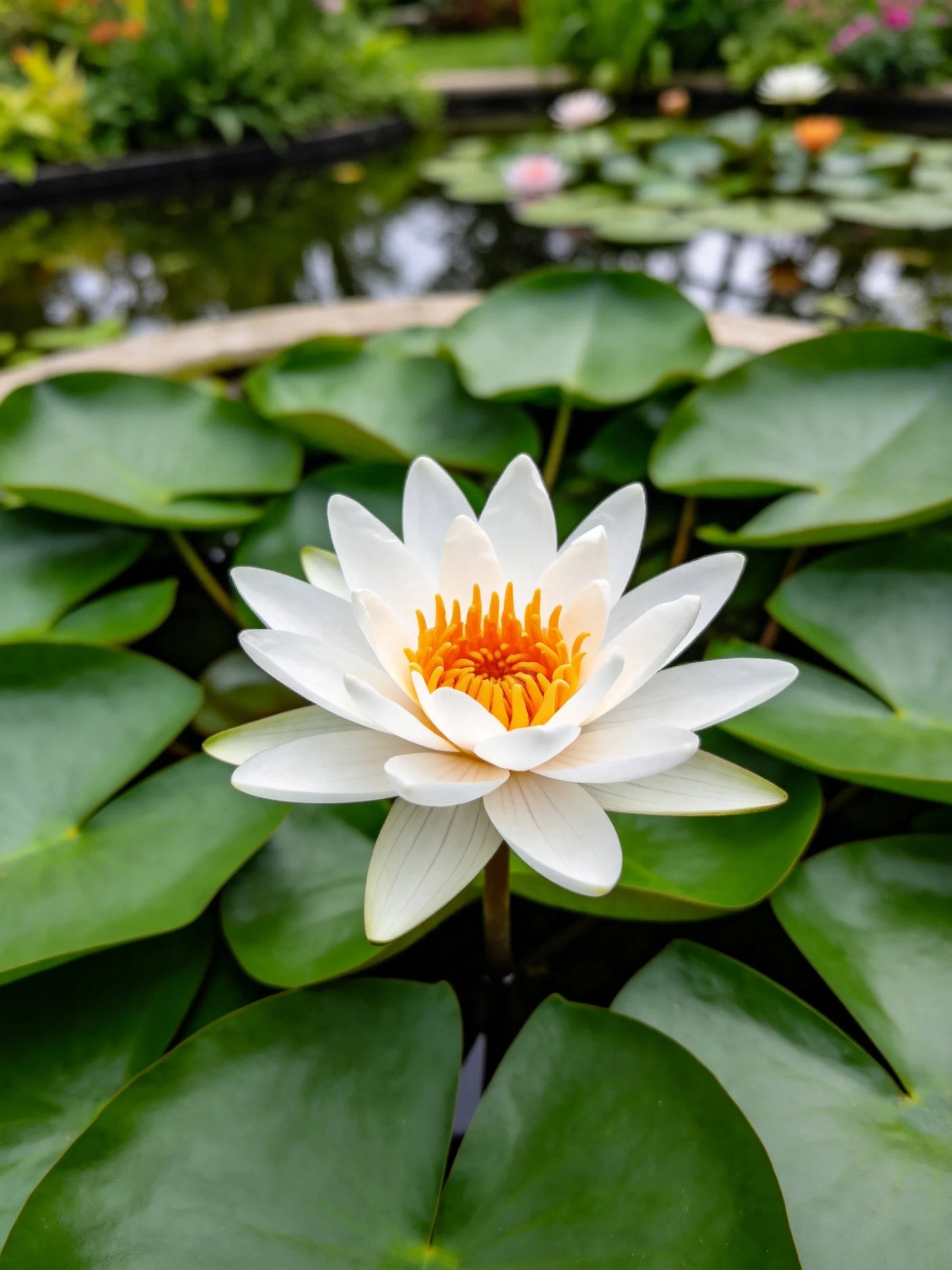 White water lily with orange center among large green lily pads near a pond