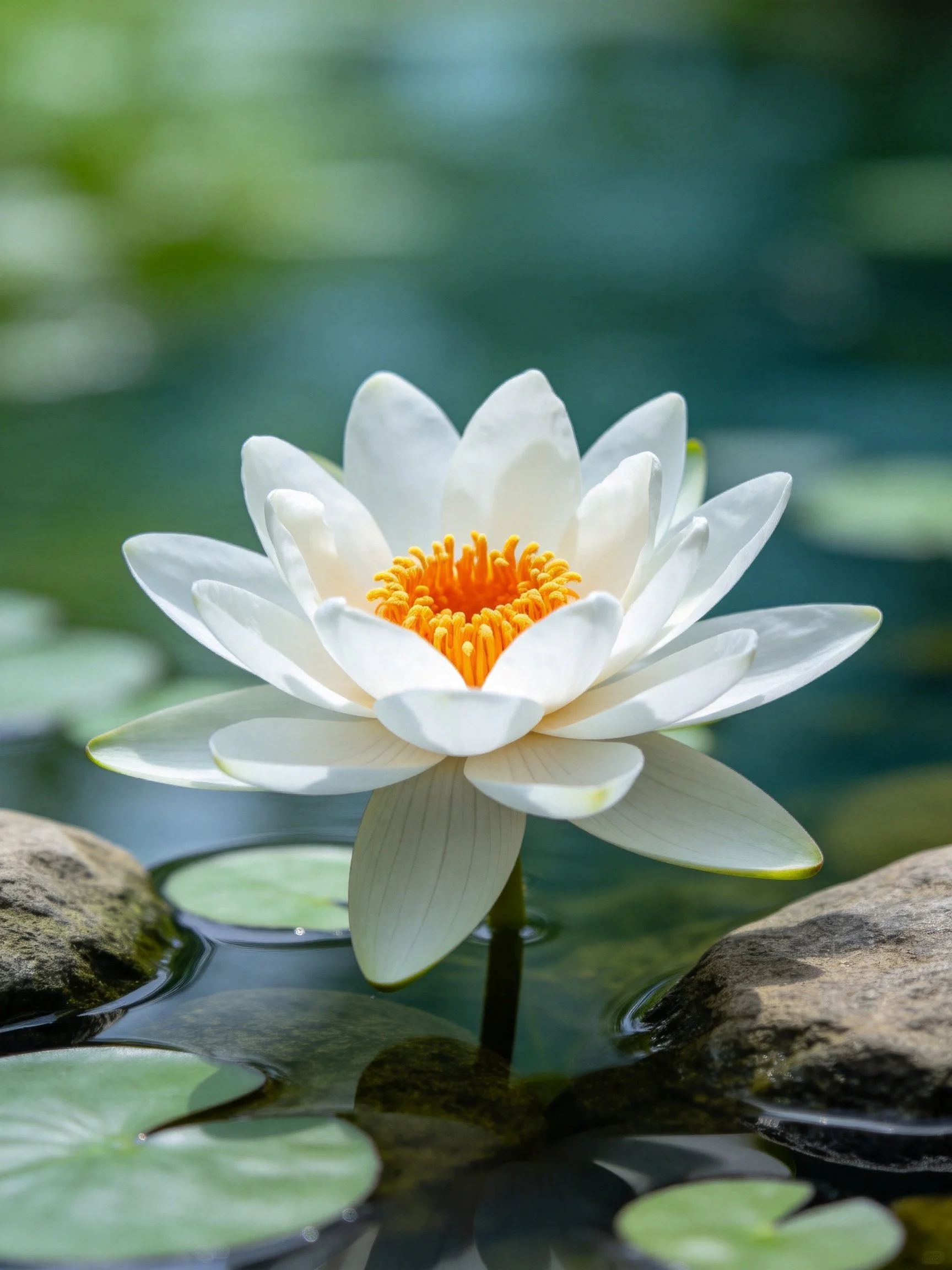 White water lily with orange center near rocks in calm water