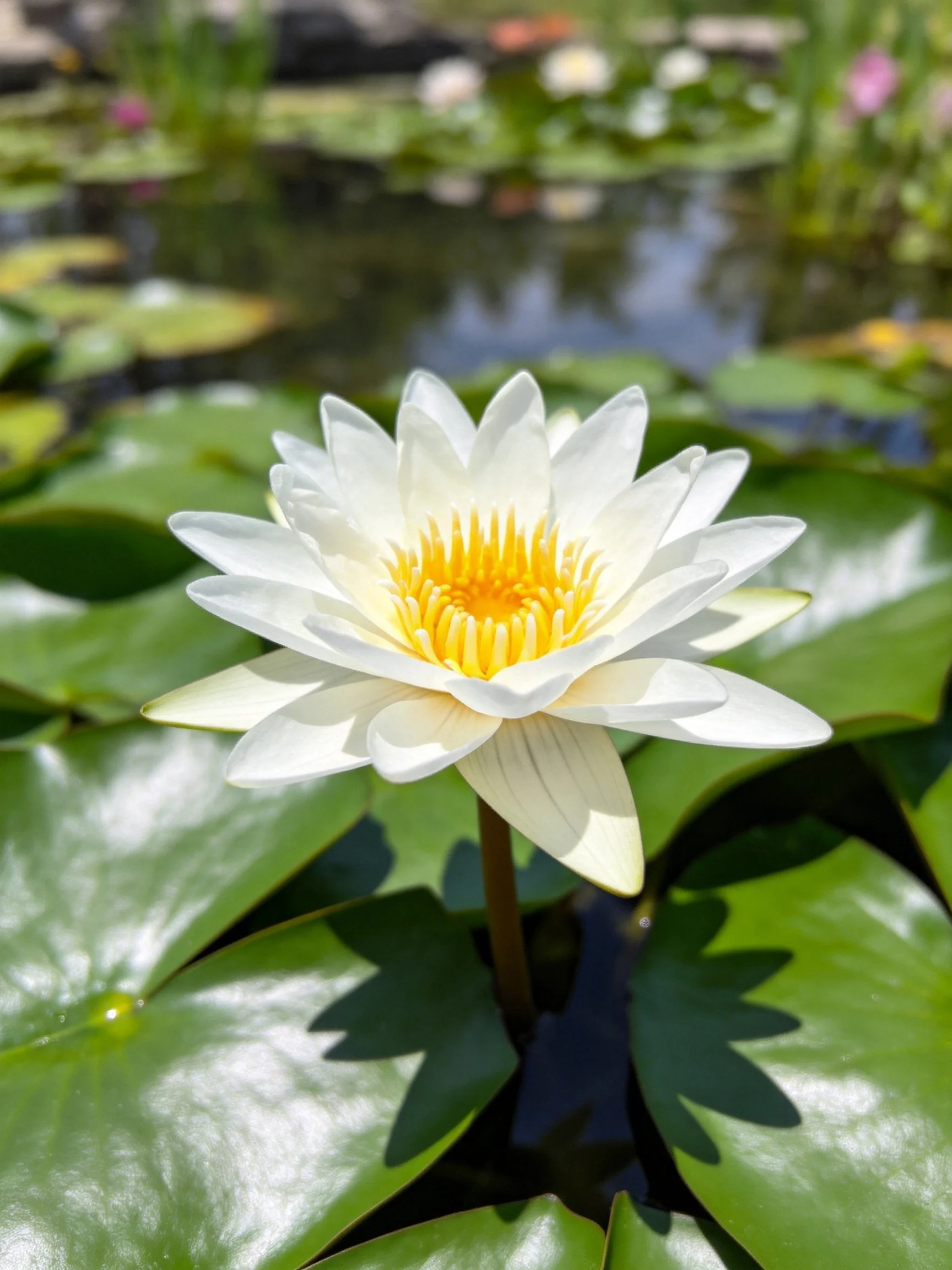 White water lily with yellow center among green lily pads
