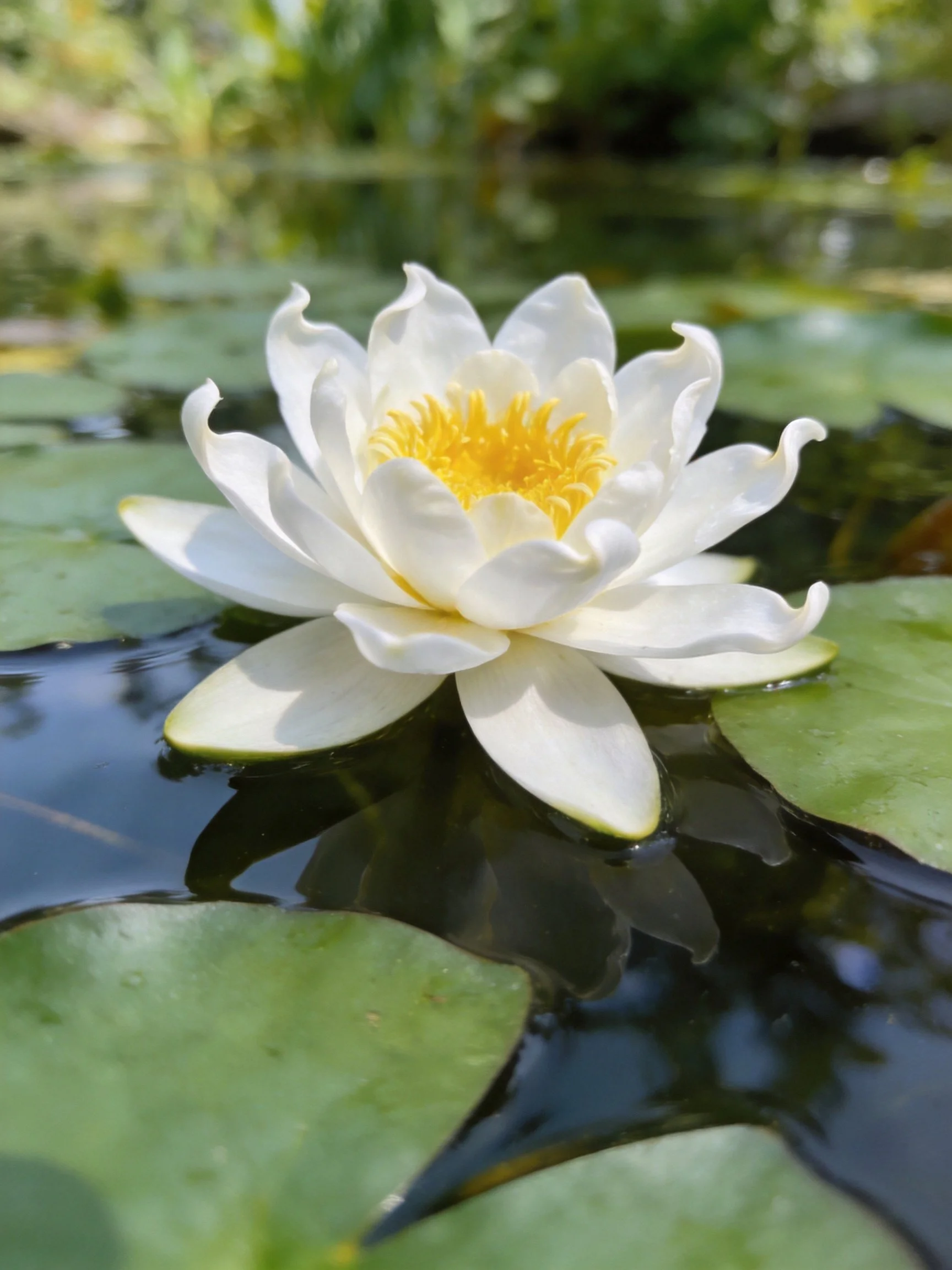 White water lily with yellow center floats among green lily pads on calm water