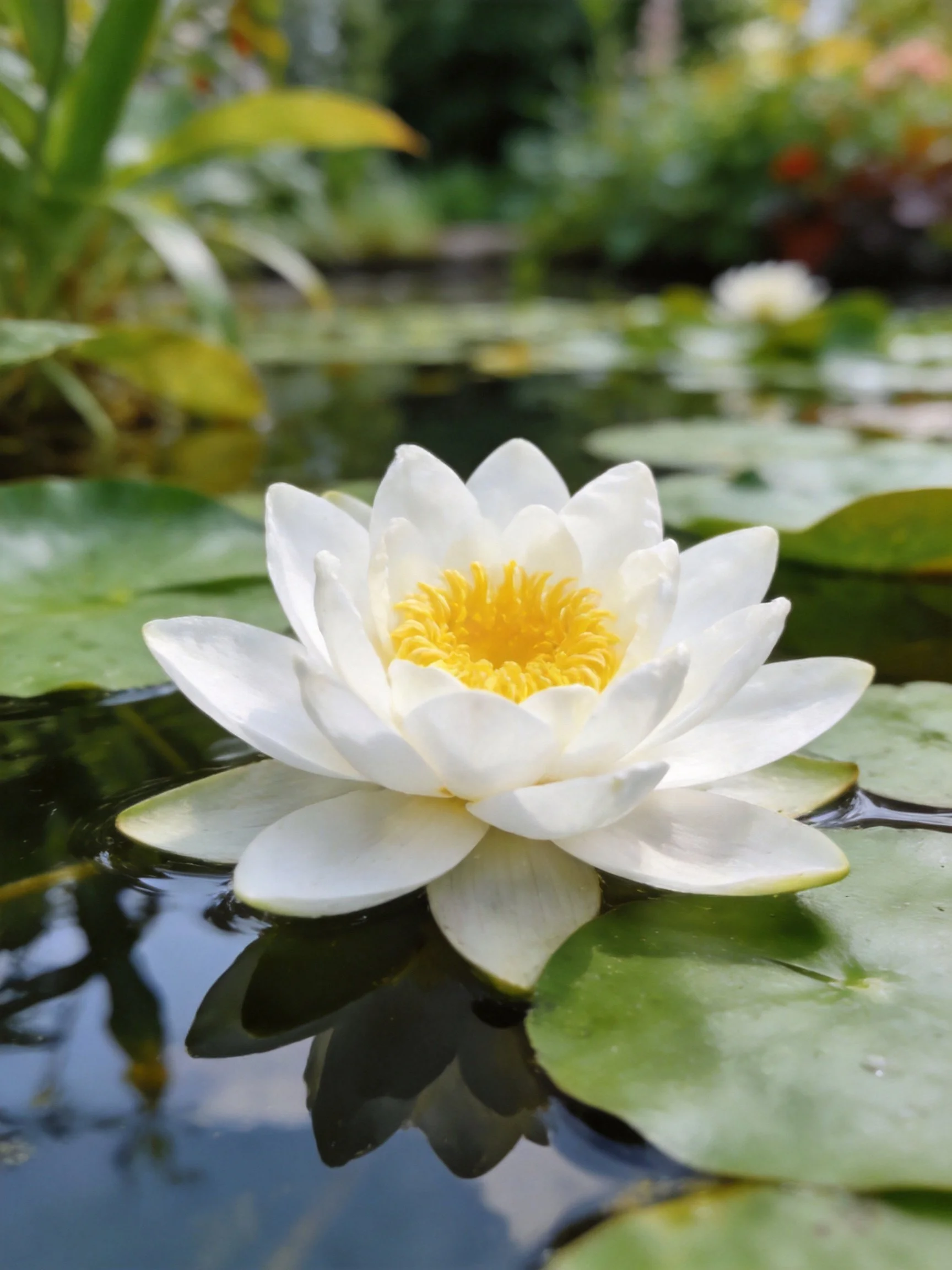 White water lily with yellow center floats on calm pond