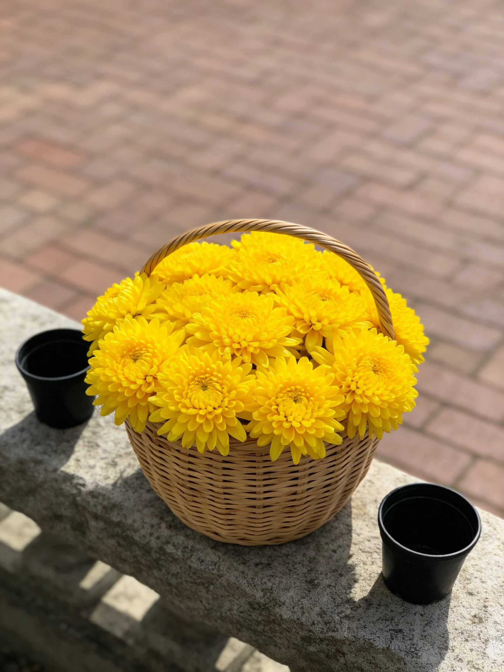 Wicker basket filled with bright yellow chrysanthemums near two black cups