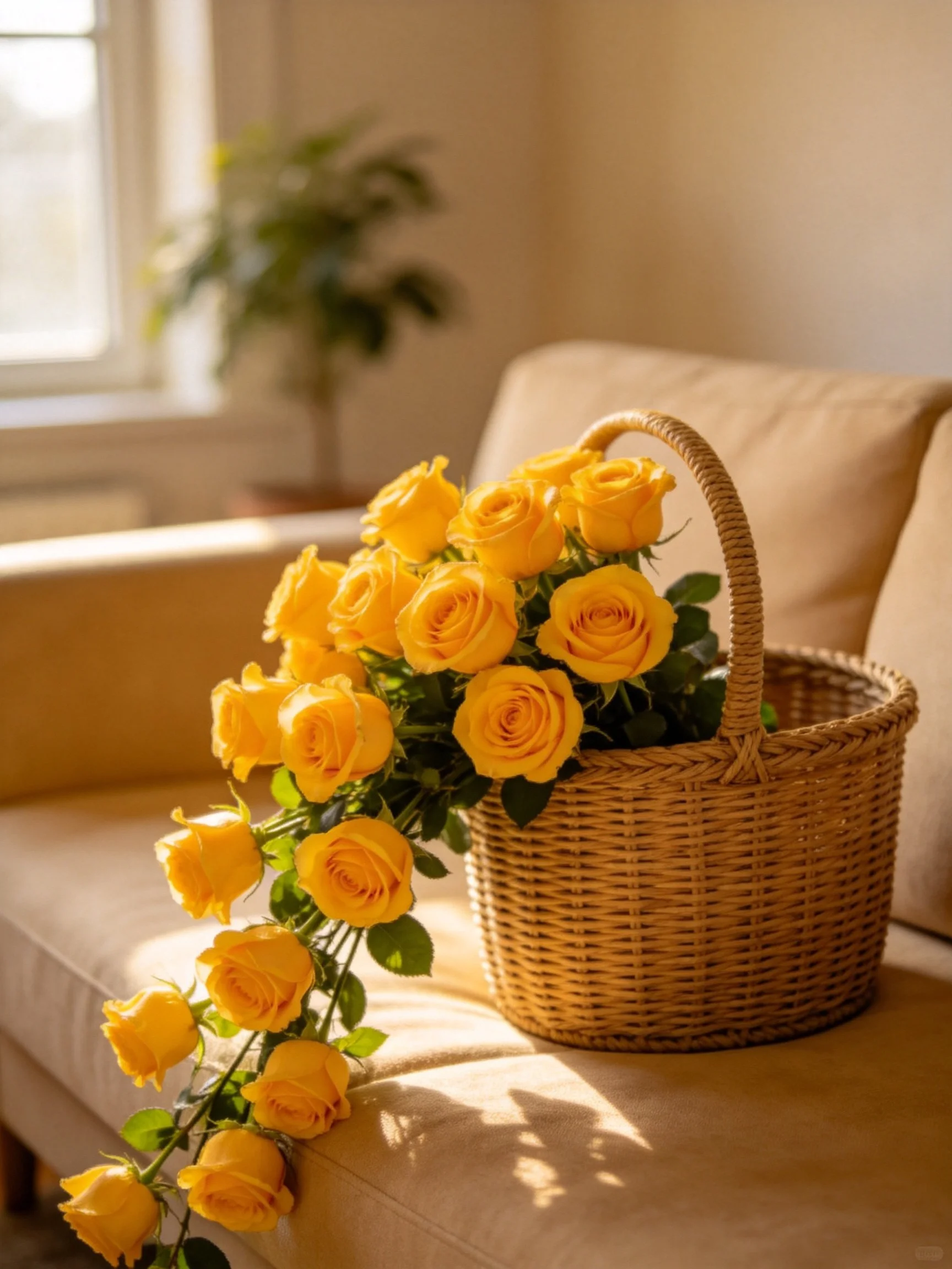 Wicker basket filled with yellow roses on a beige couch