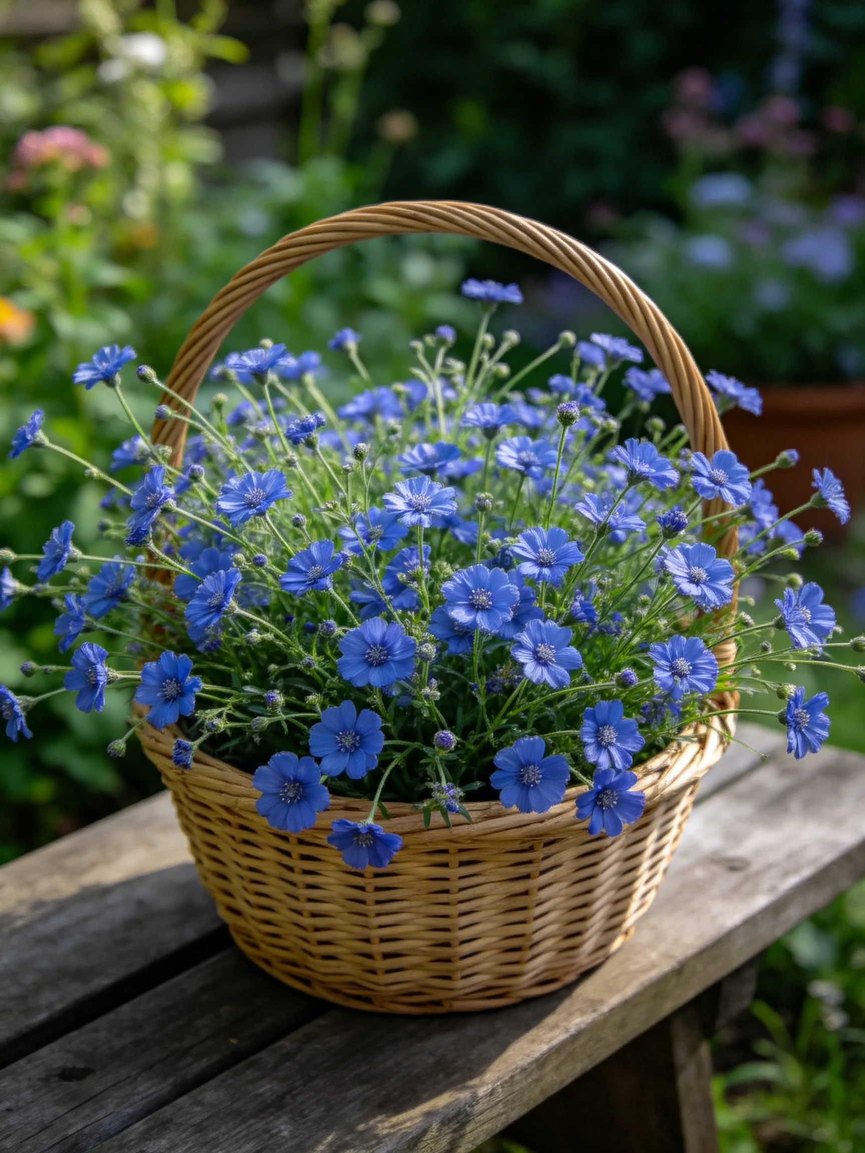 Wicker basket overflowing with vibrant blue flowers on a wooden bench