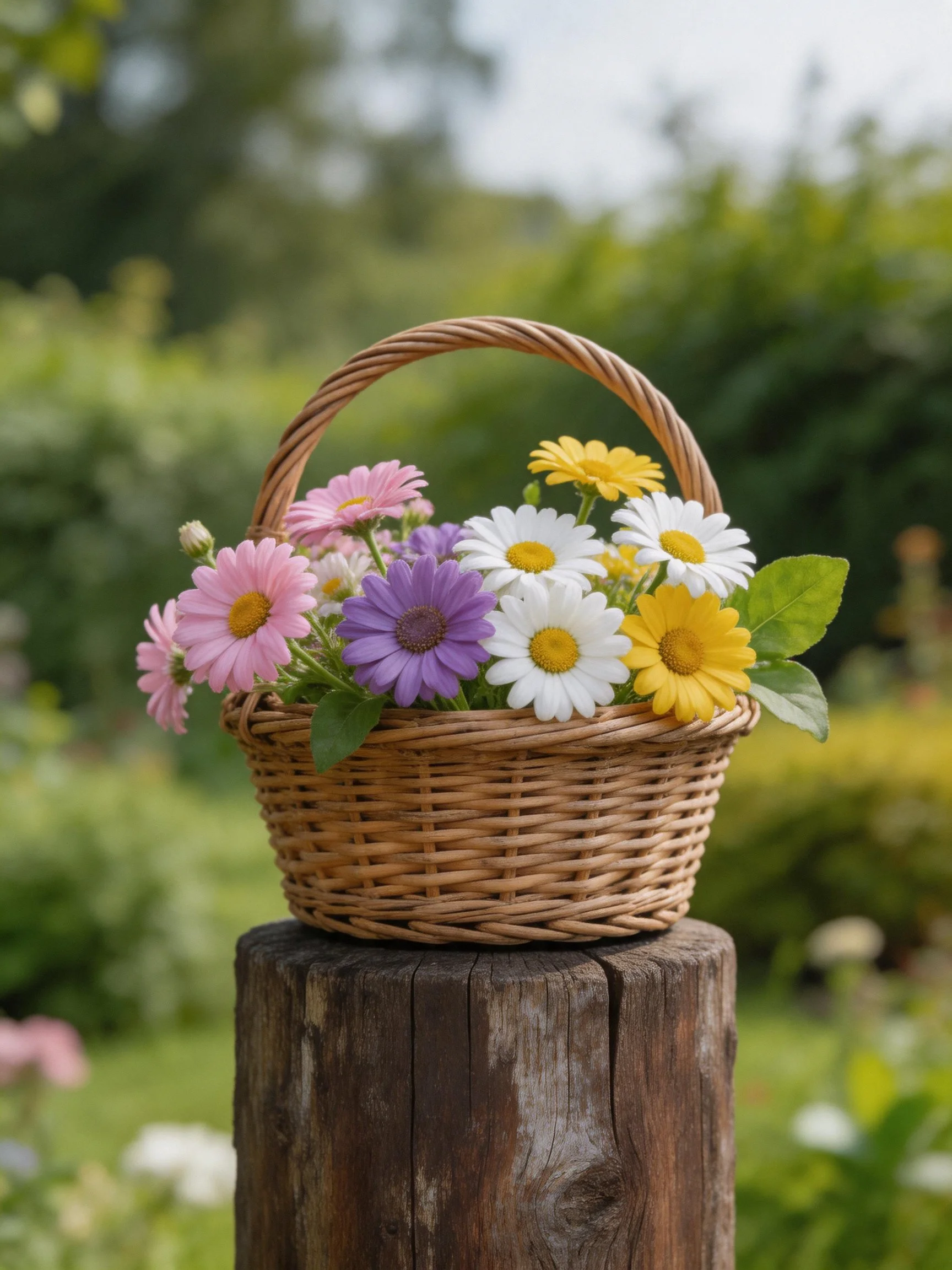 Wicker basket with colorful daisies on wooden post