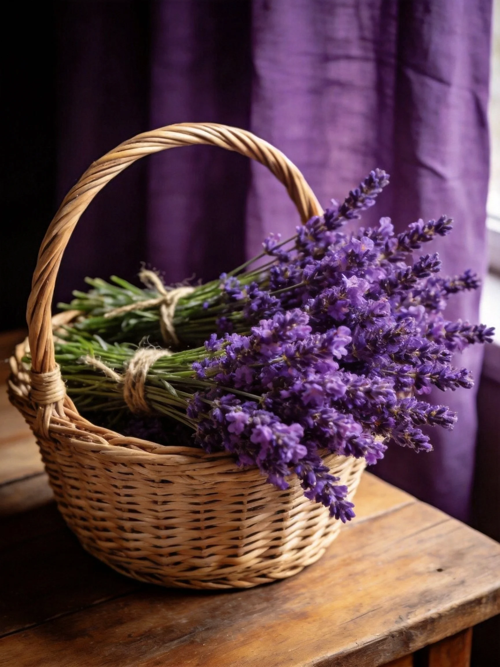 Wicker basket with lavender bundles sits on wooden table by deep purple curtains