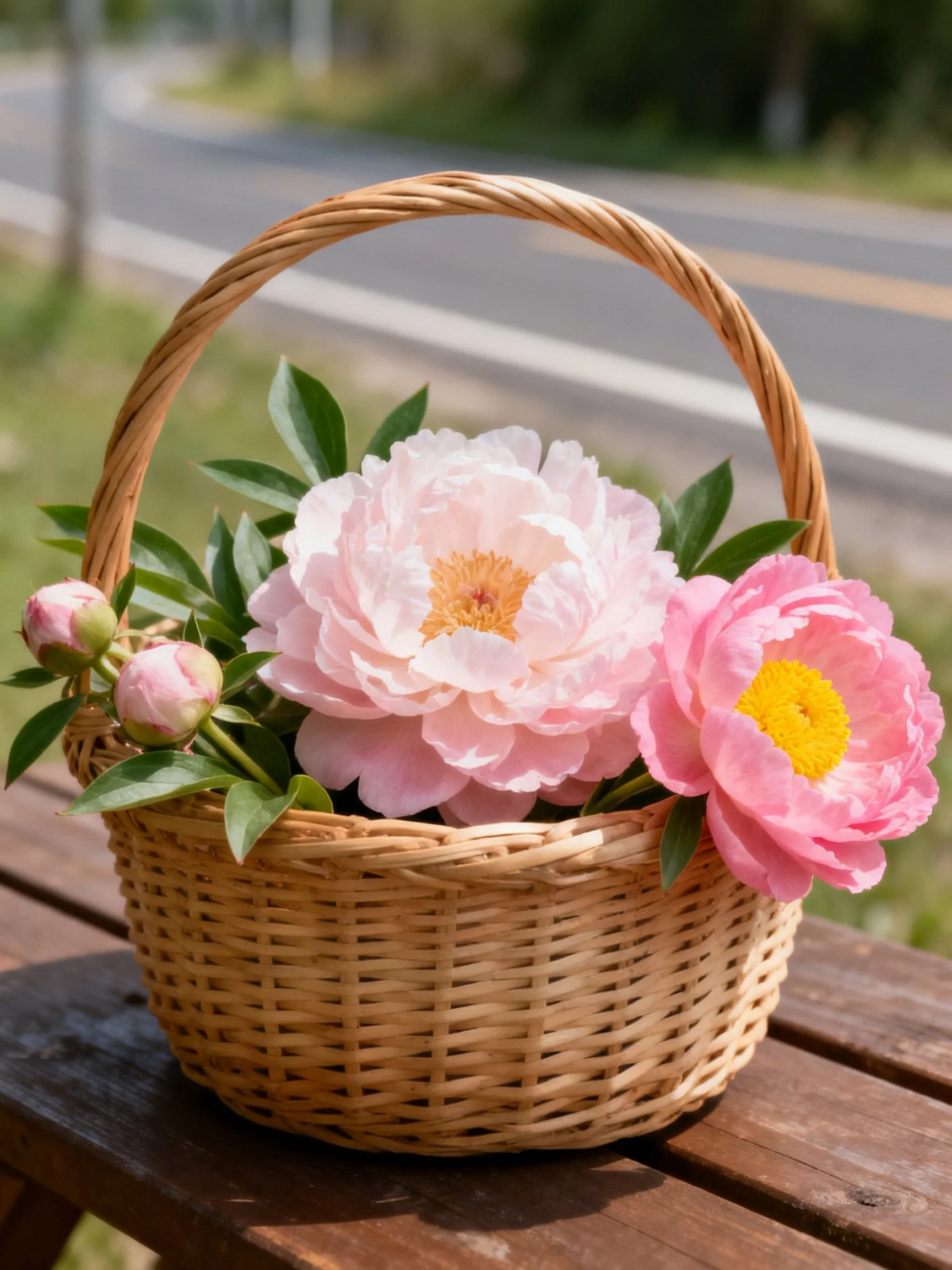 Wicker basket with pink peonies and flower buds