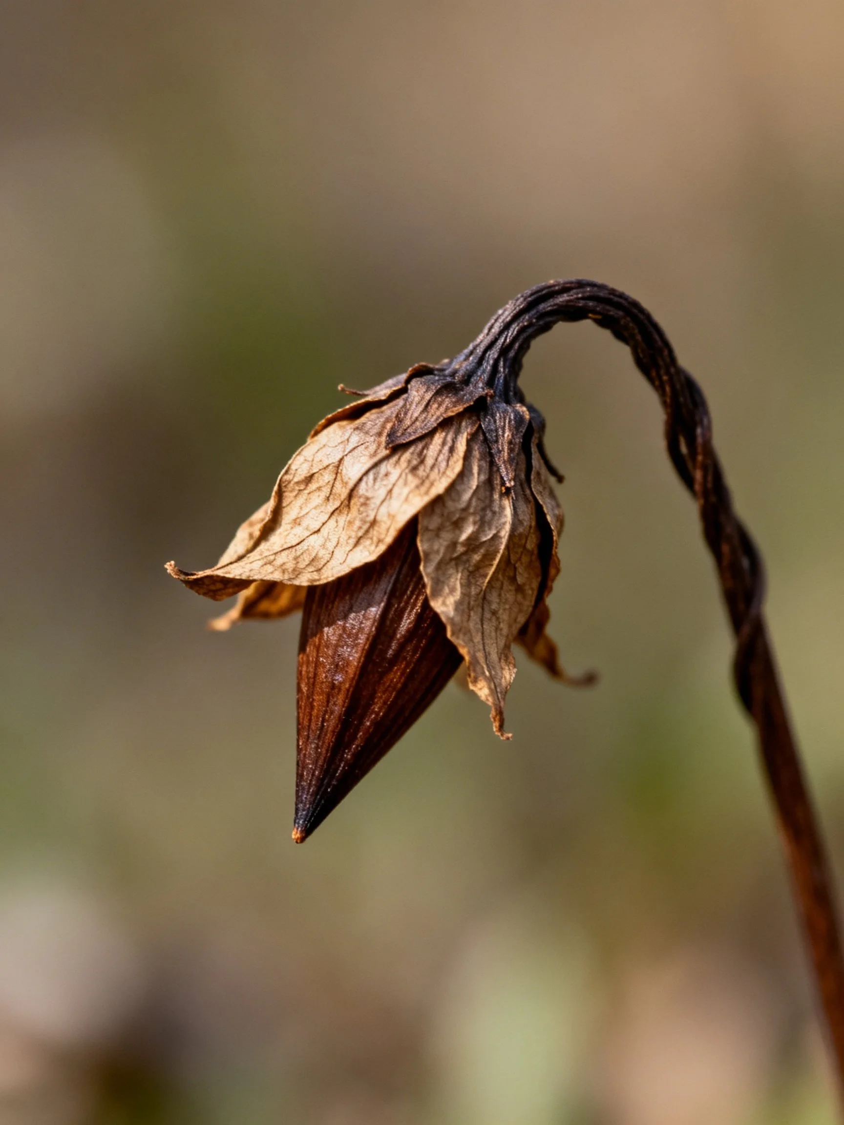 Wilted brown flower bud with twisted curved stem