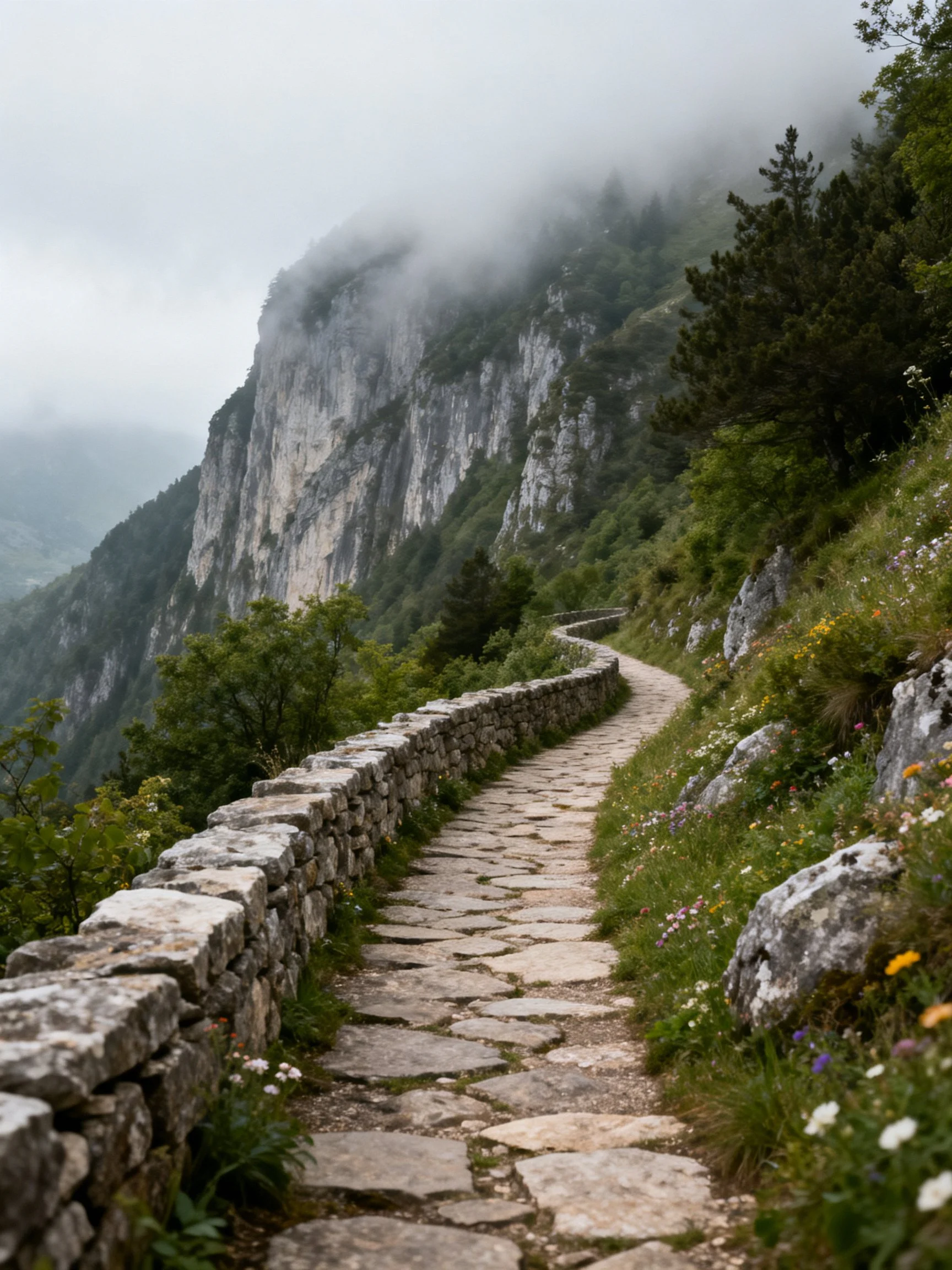 Winding stone path beside mist-shrouded rocky cliffs with greenery