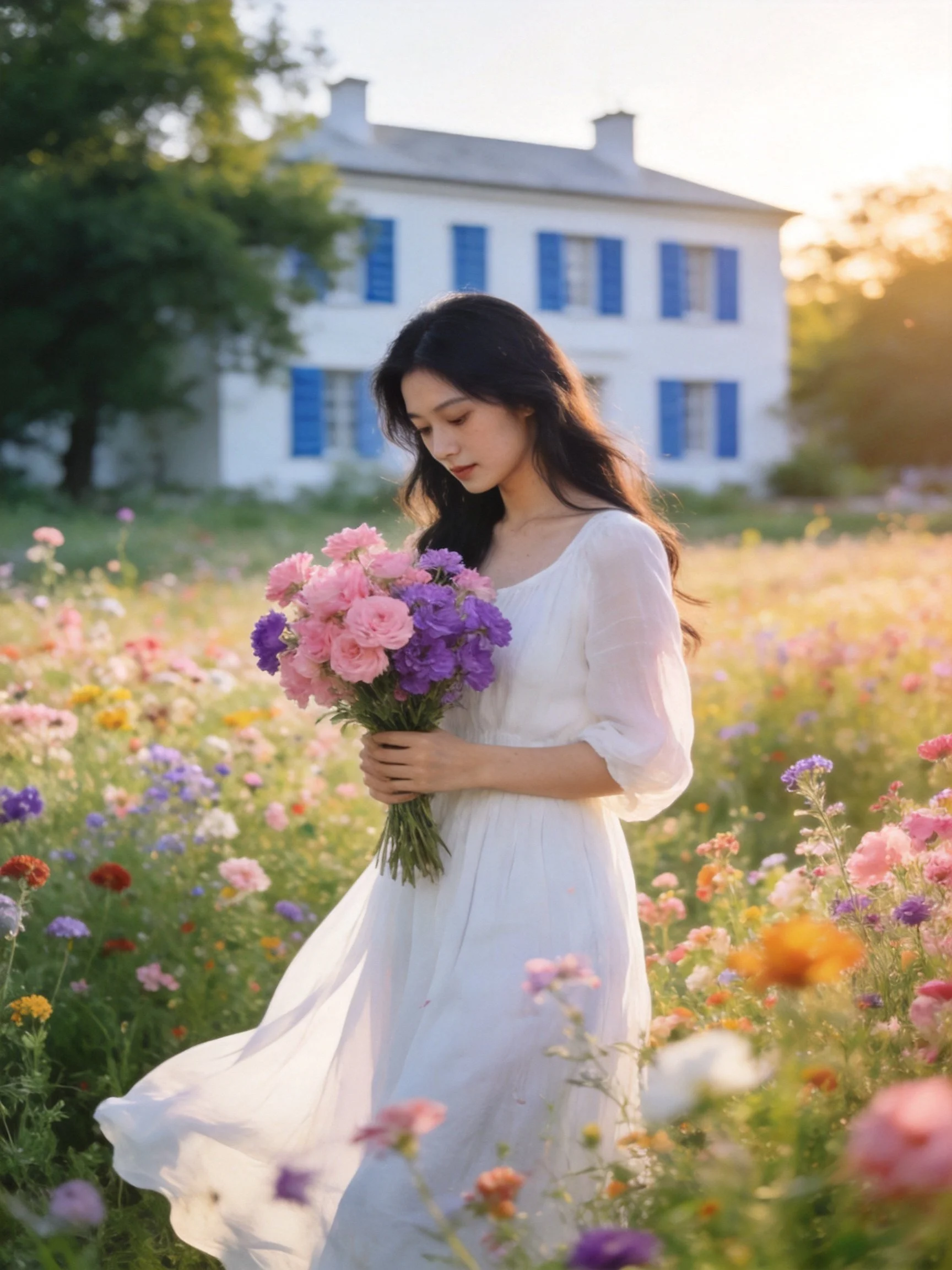 Woman in white dress holds colorful bouquet near blue-shuttered house