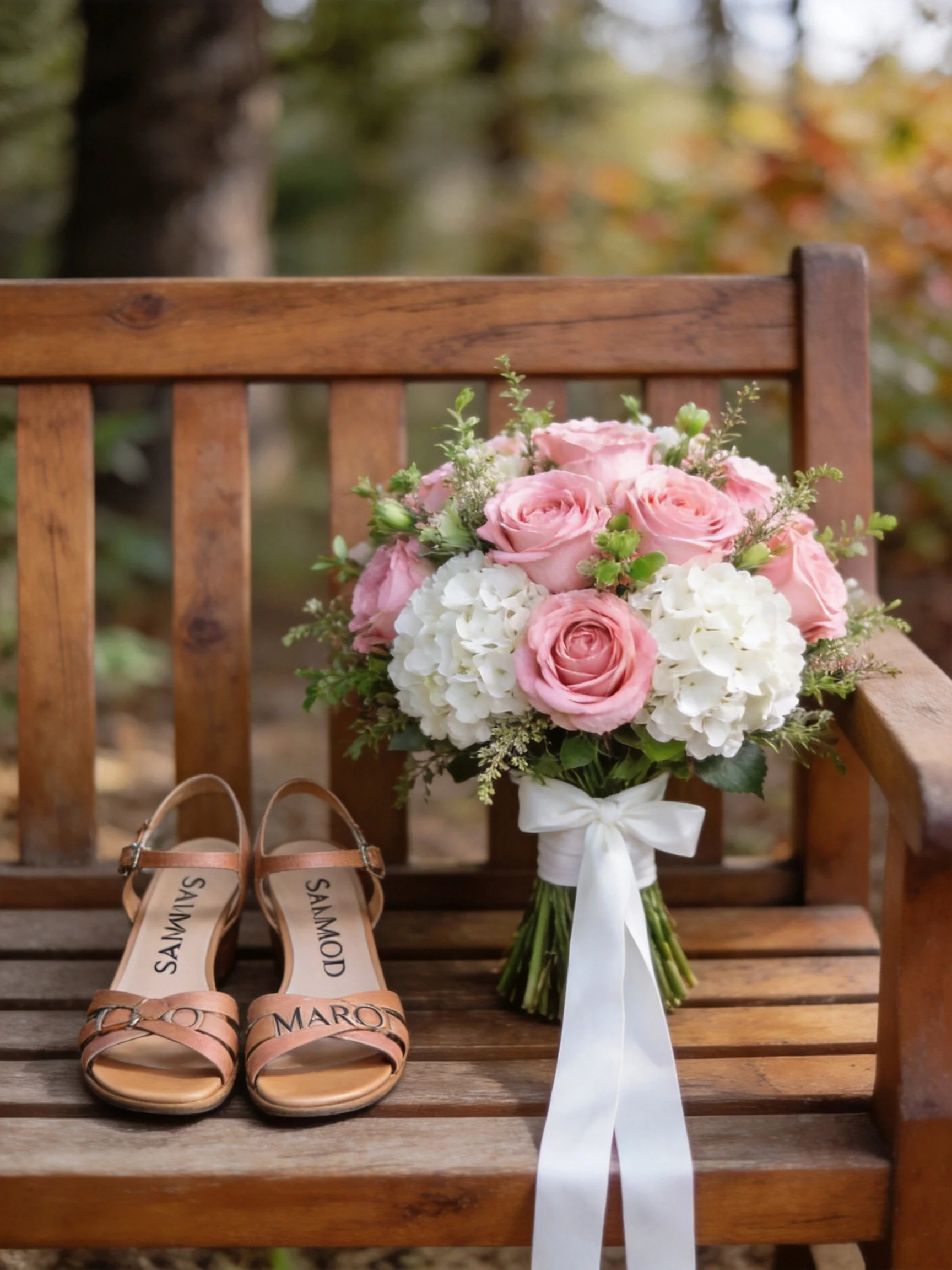 Wooden bench with pink rose bouquet and brown sandals