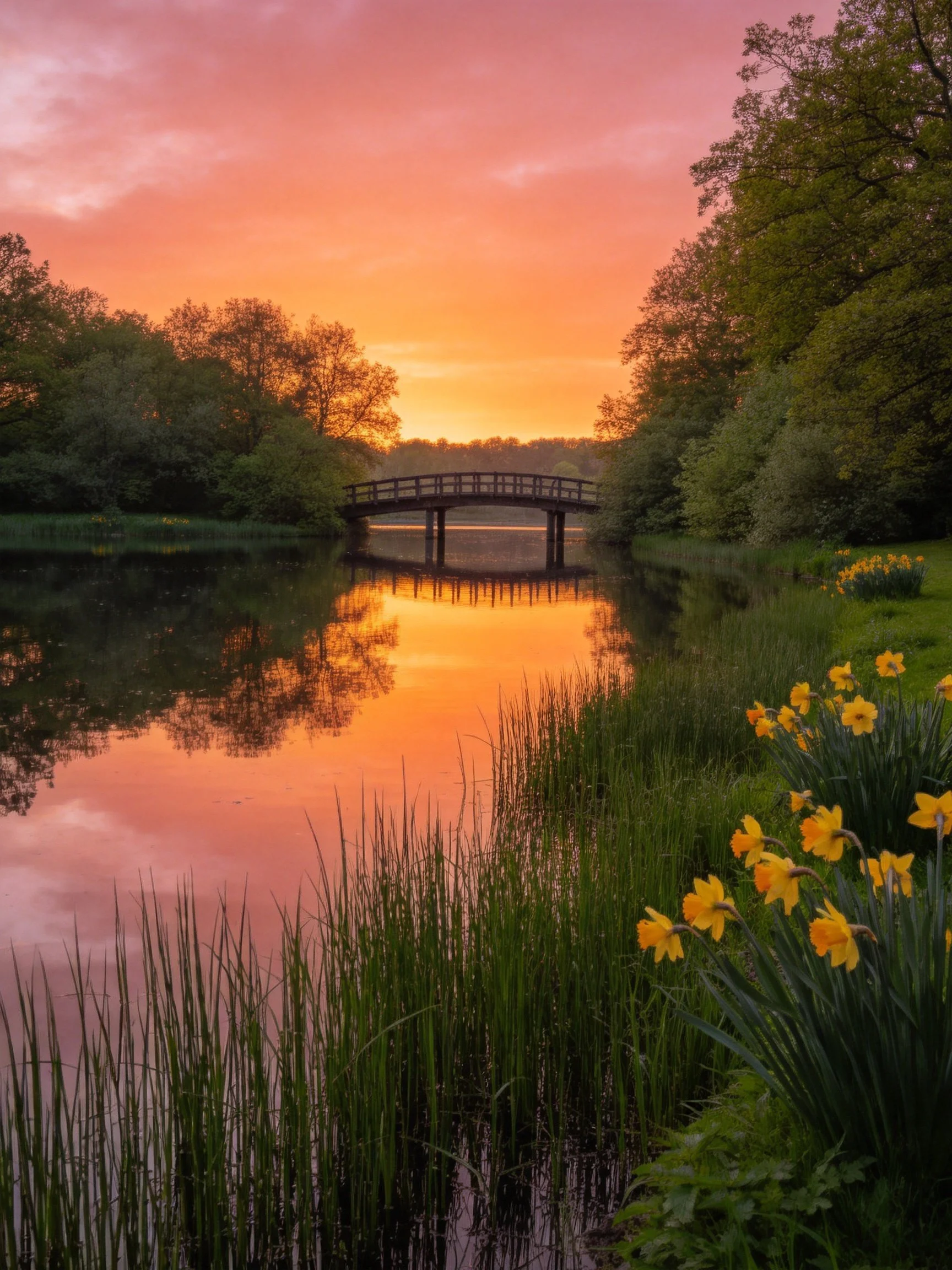 Wooden bridge spans calm waters at vibrant sunset