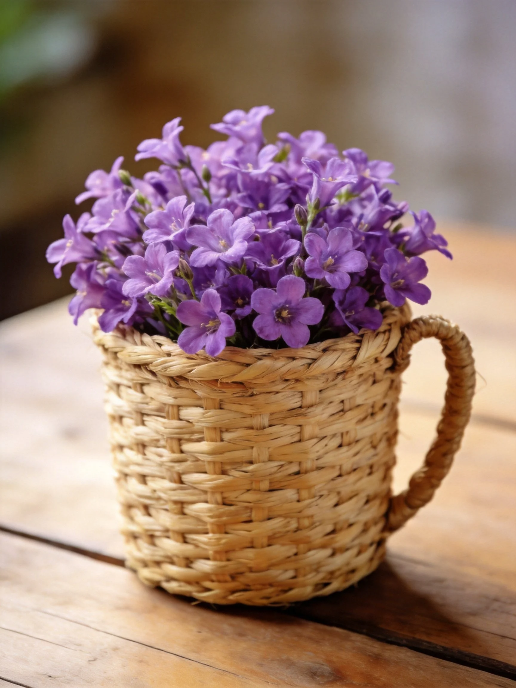 Woven basket filled with vibrant purple flowers on wooden table