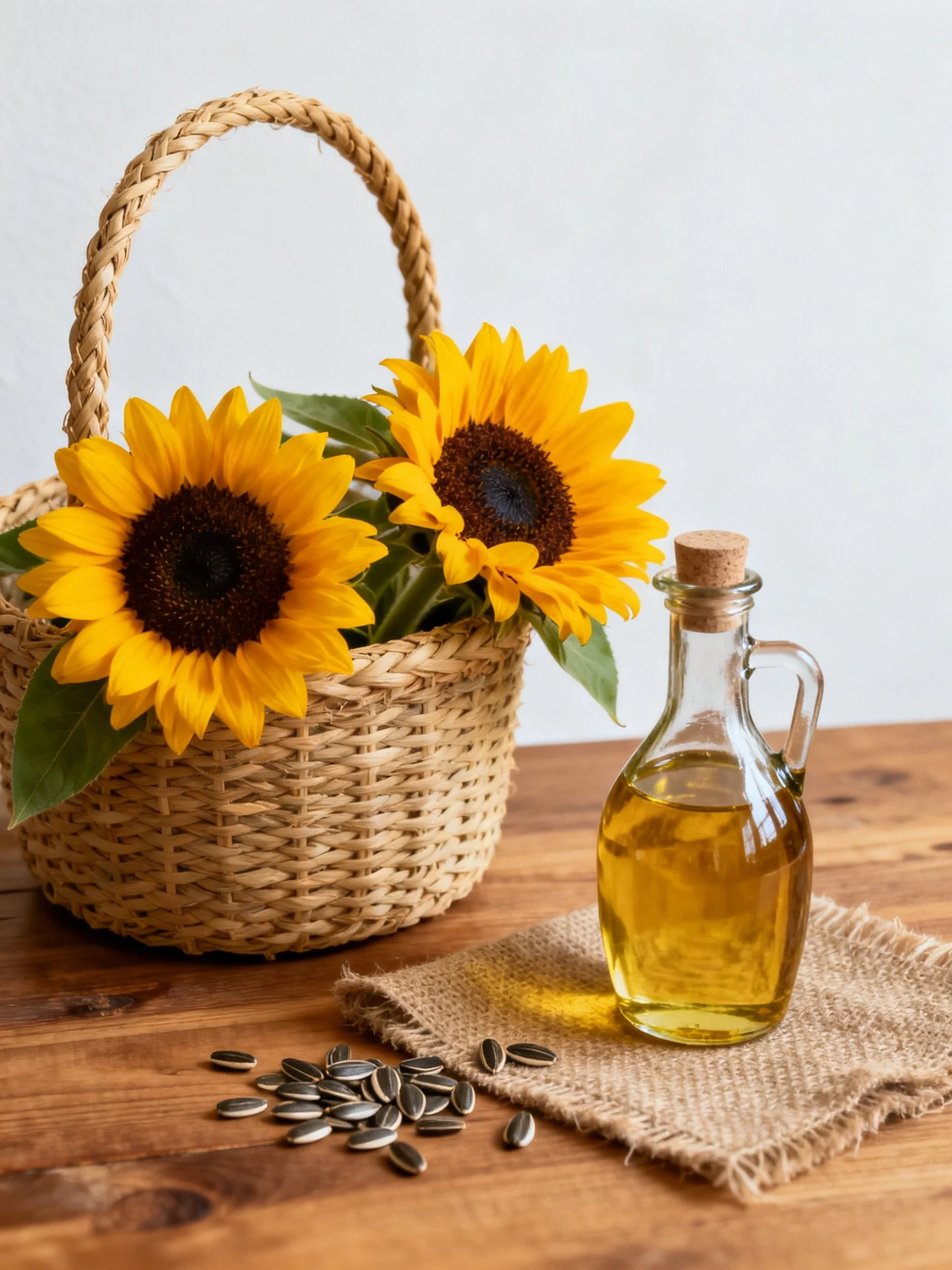 Woven basket with two sunflowers, glass oil bottle, and sunflower seeds