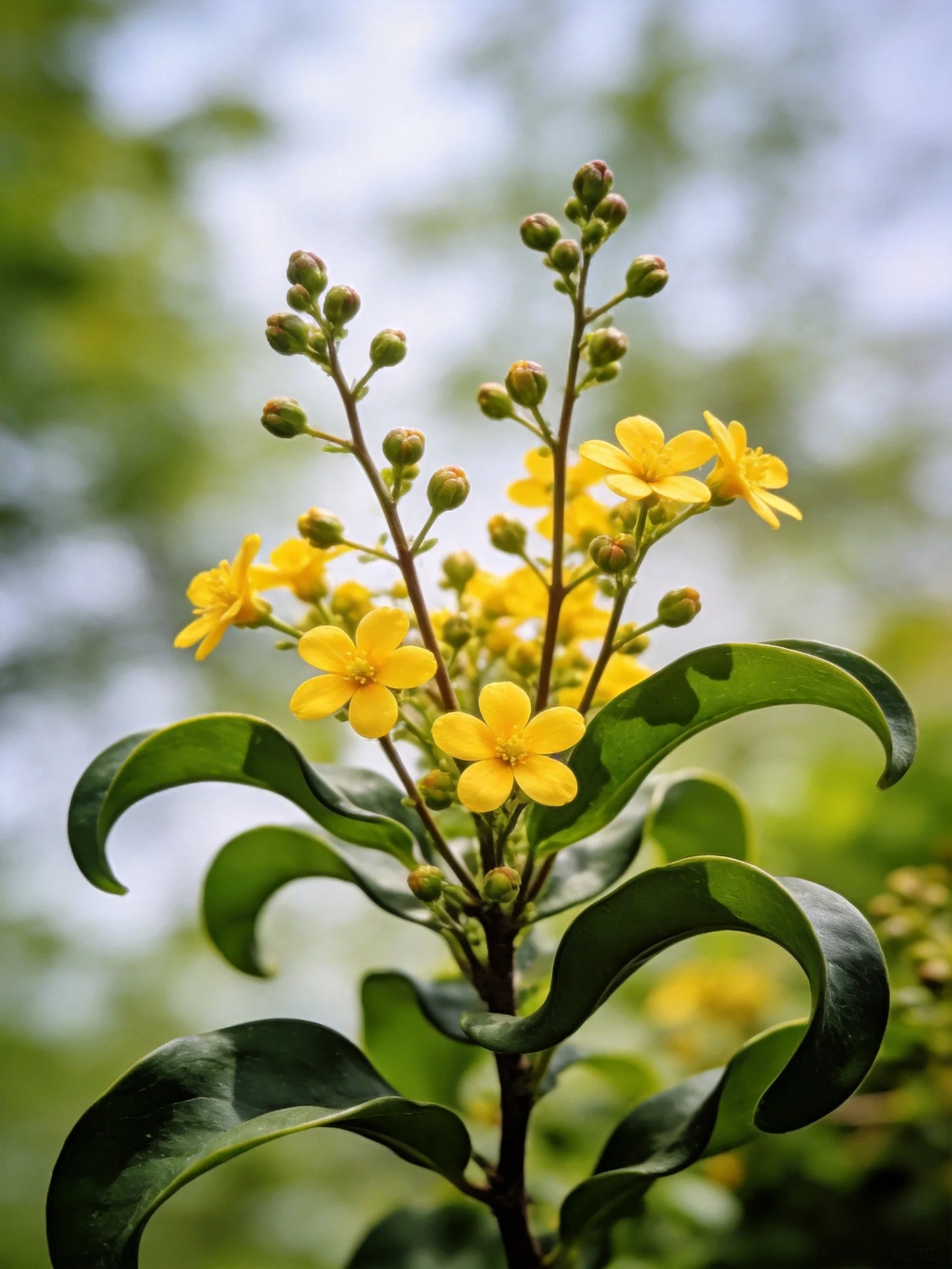Yellow Flowers with Curved Green Leaves on a Stem