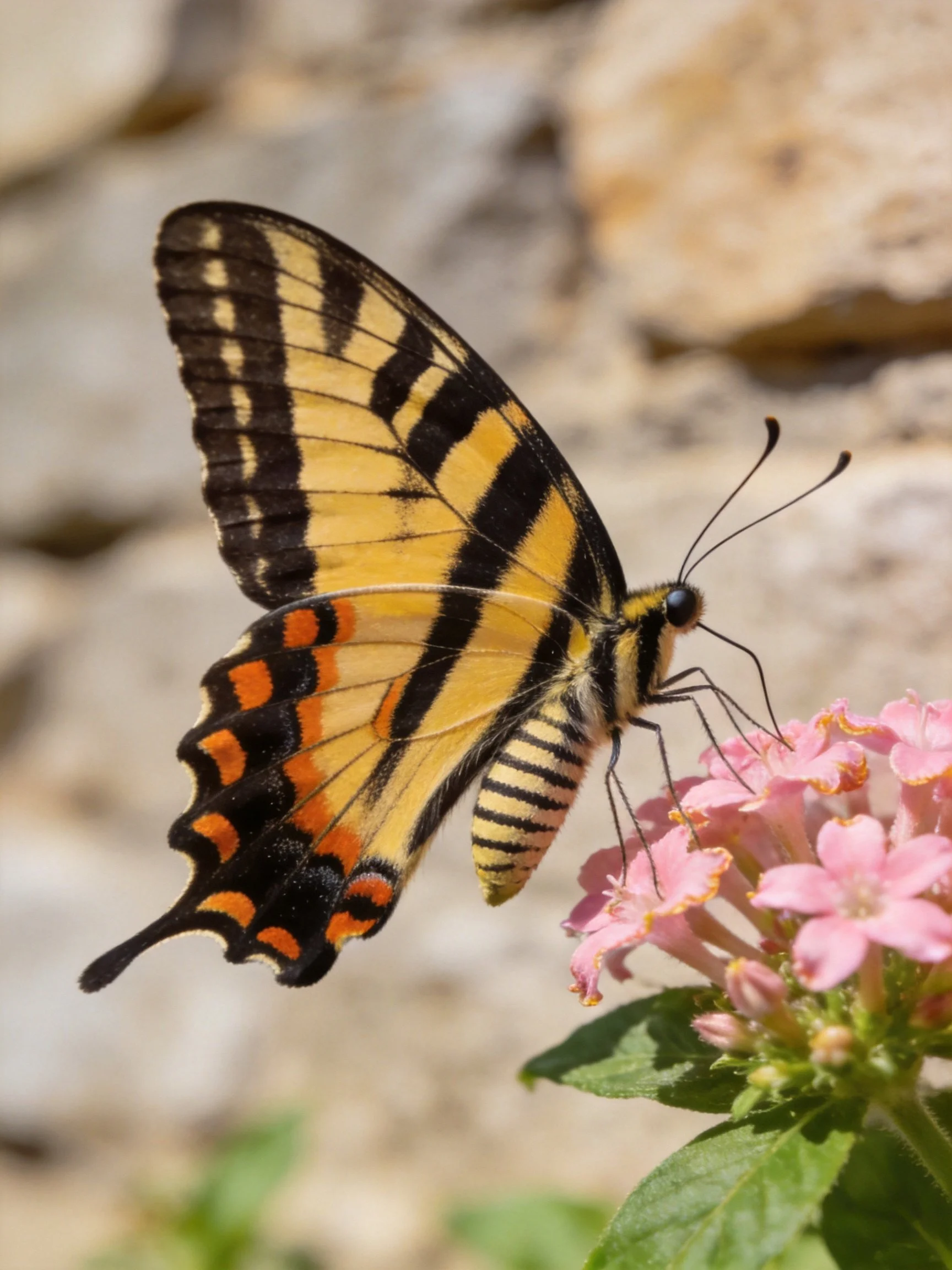 Yellow and black striped butterfly feeding on pink flowers near rocks