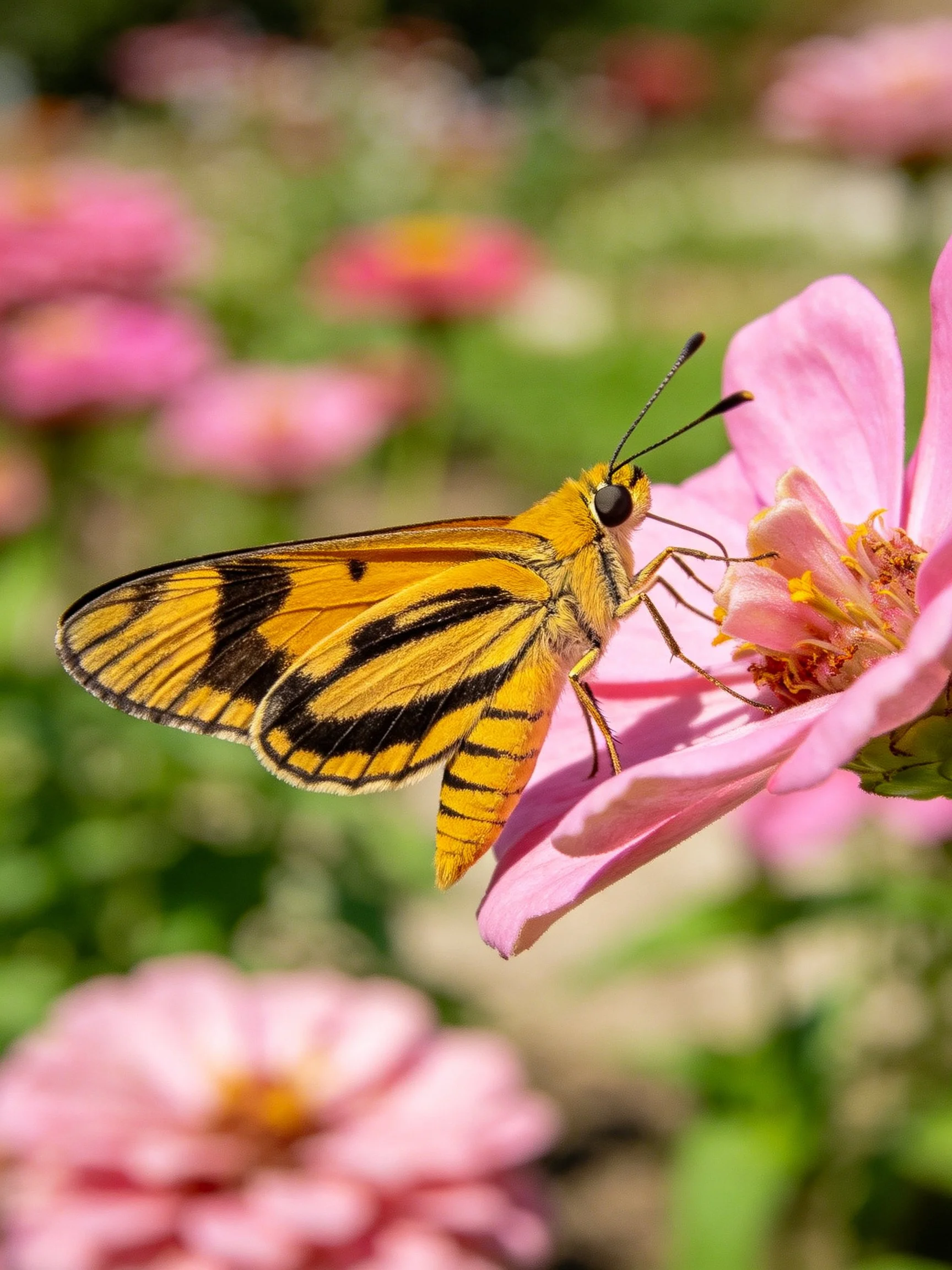 Yellow and black striped butterfly on pink flower