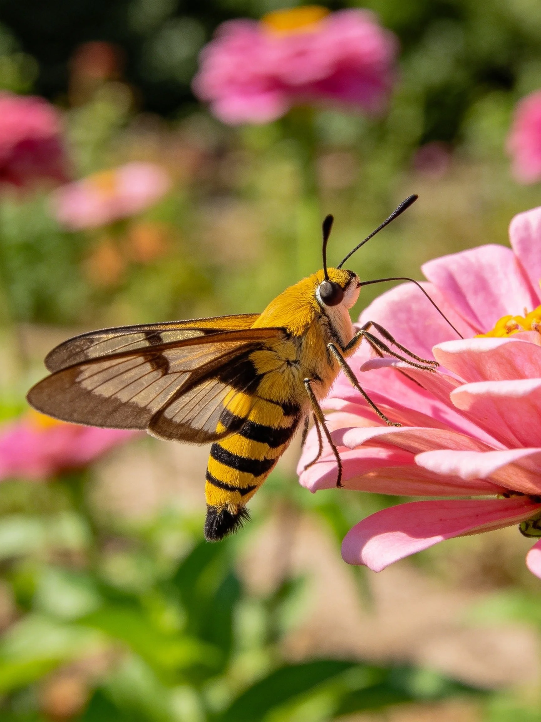 Yellow and black striped insect perched on pink flower