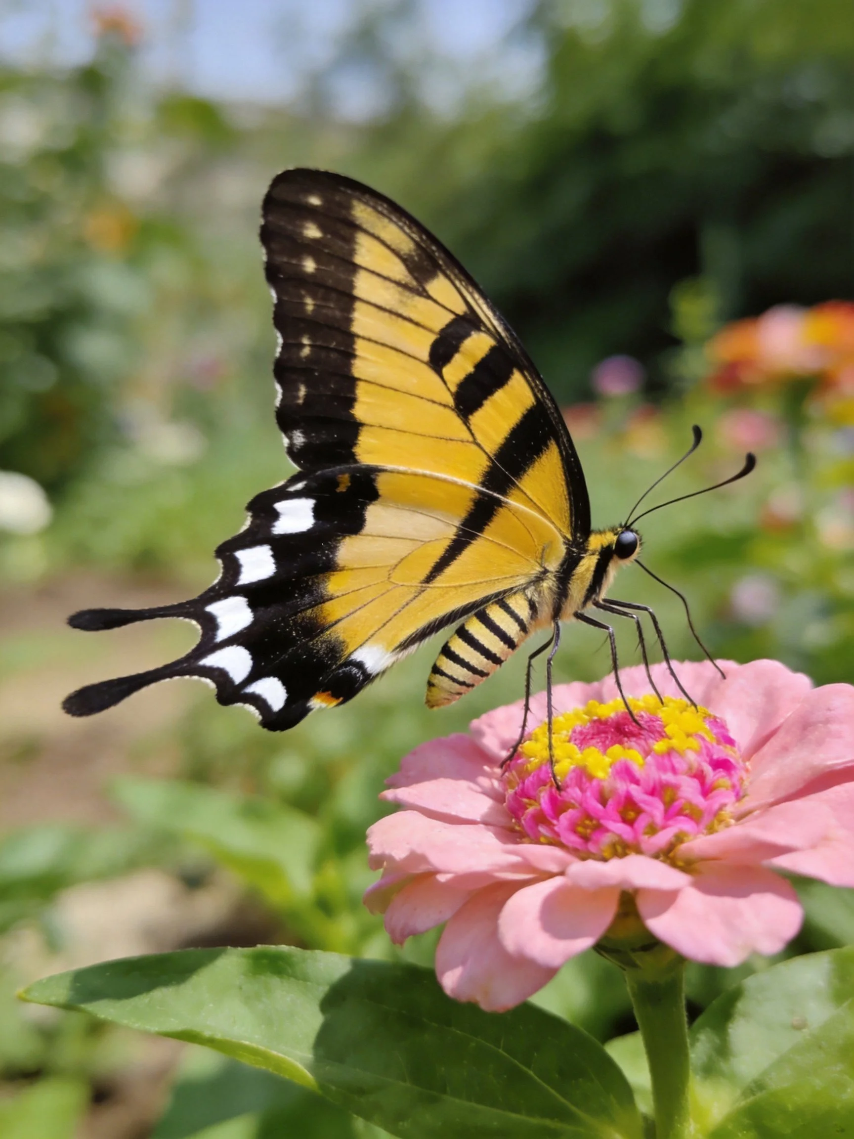 Yellow and black swallowtail butterfly on a pink zinnia flower