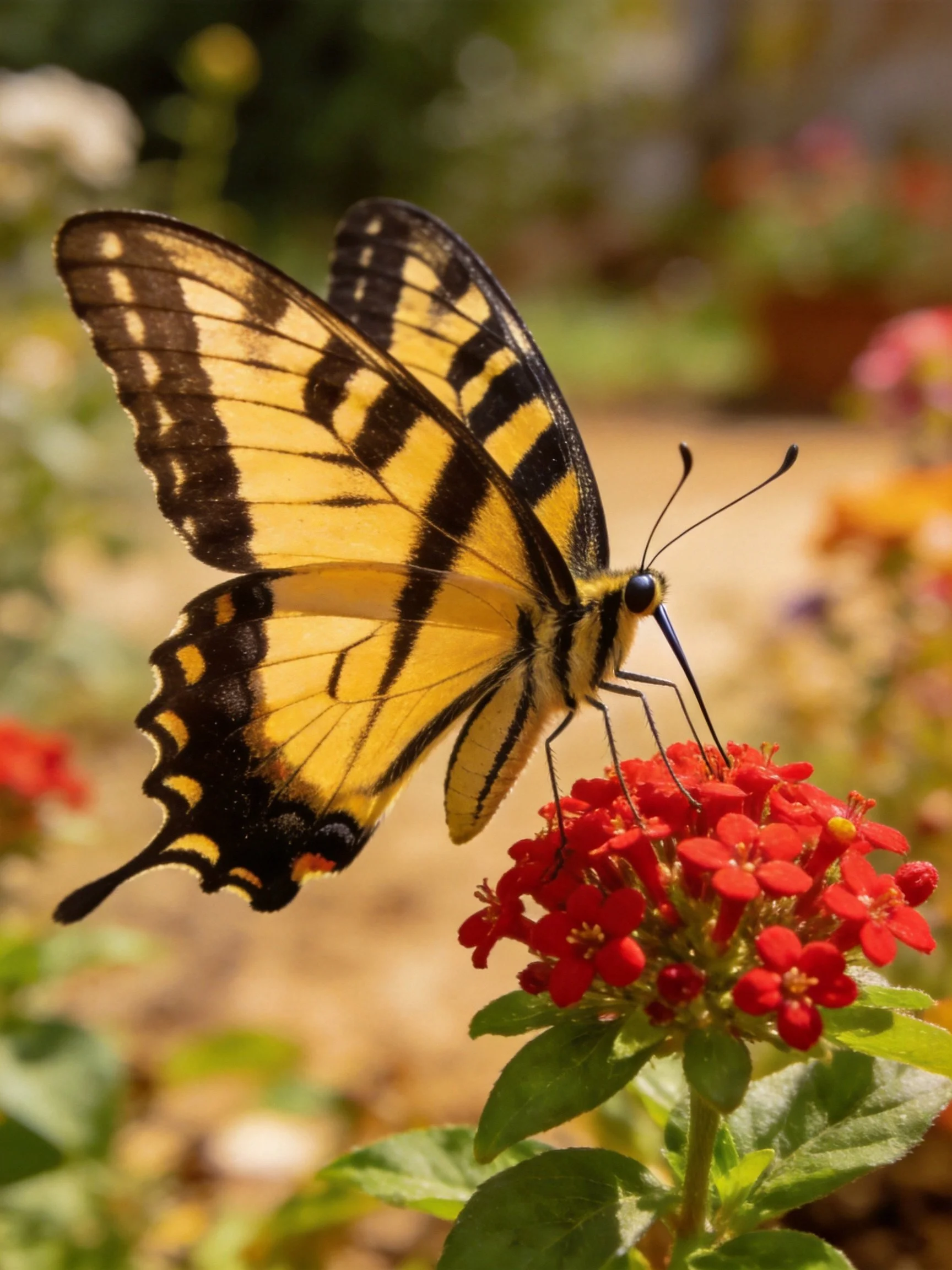 Yellow and black swallowtail butterfly on vibrant red flowers