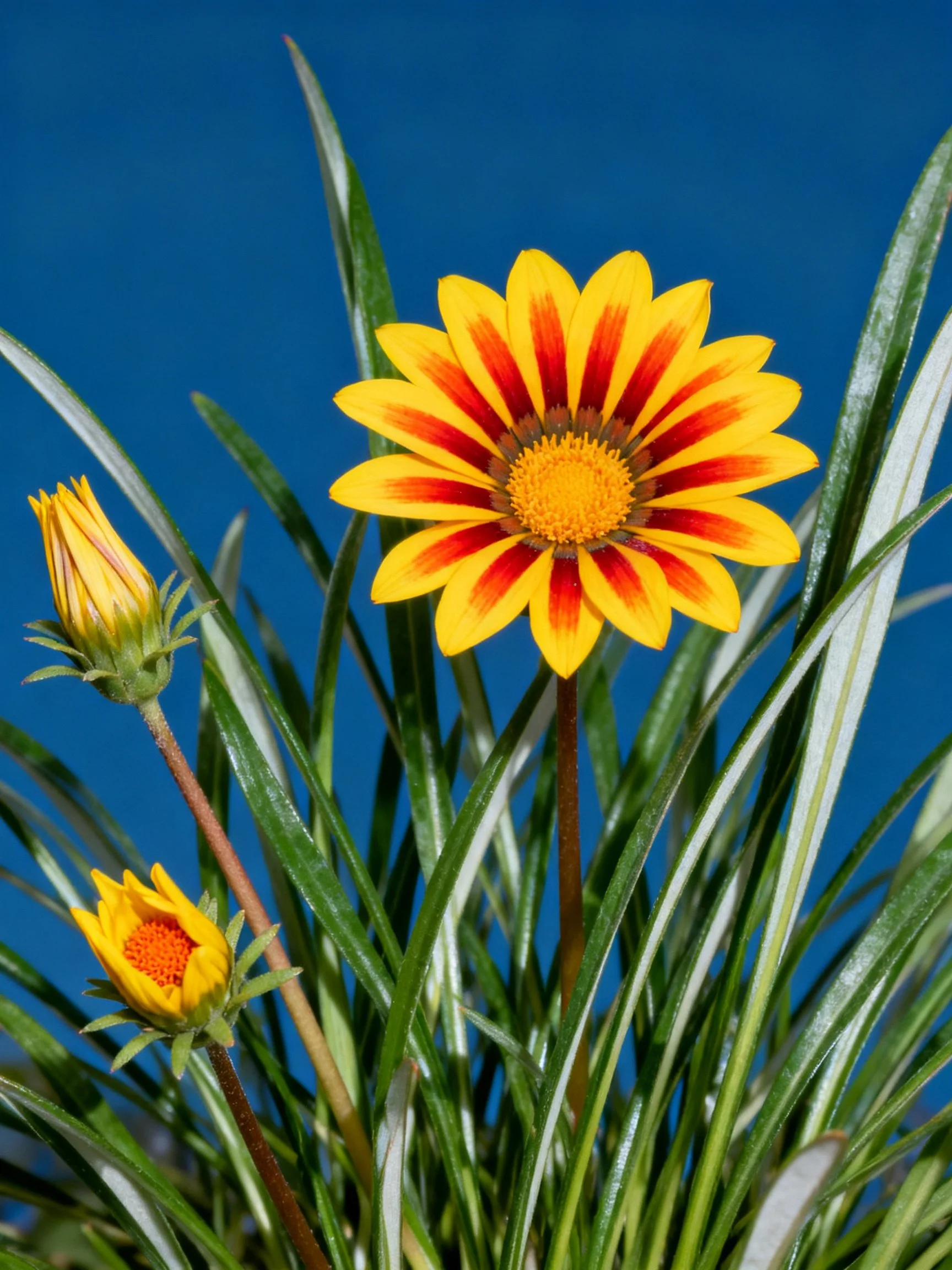 Yellow and red flower with buds amid striped green foliage