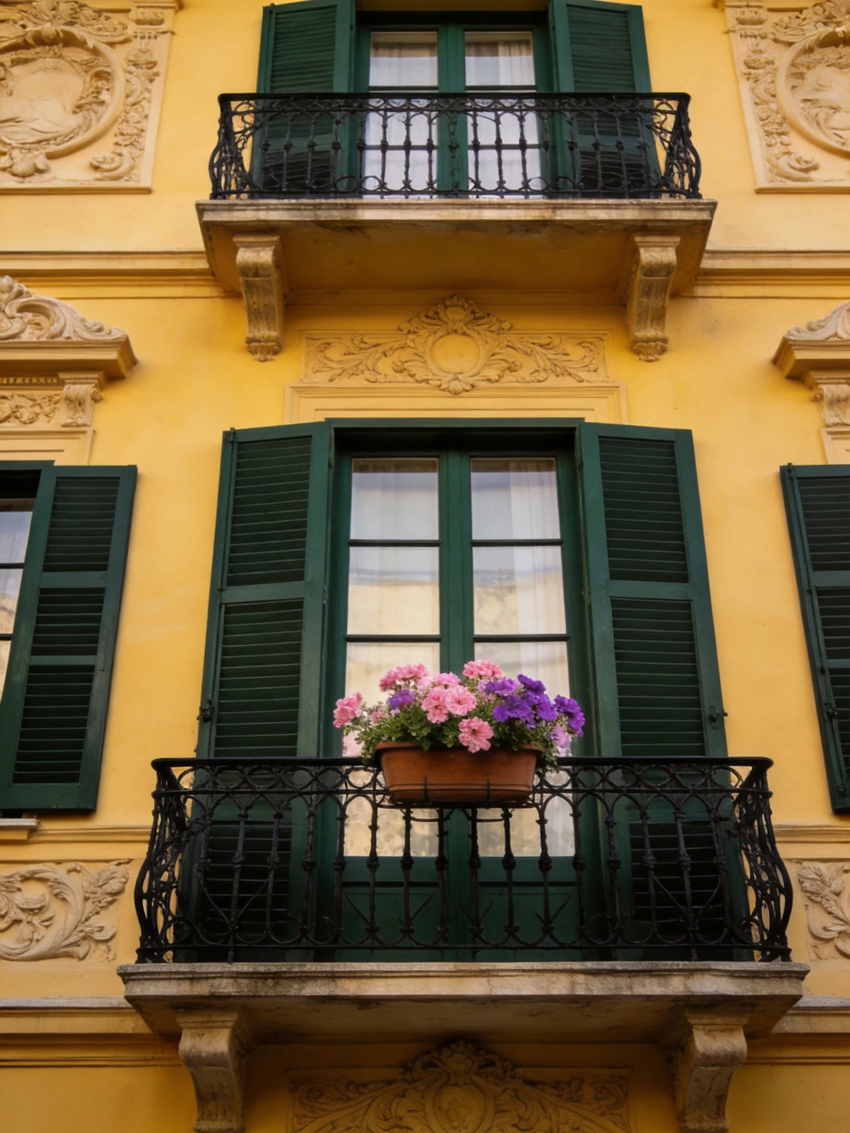 Yellow building with green shutters, ornate balconies, and flower pots