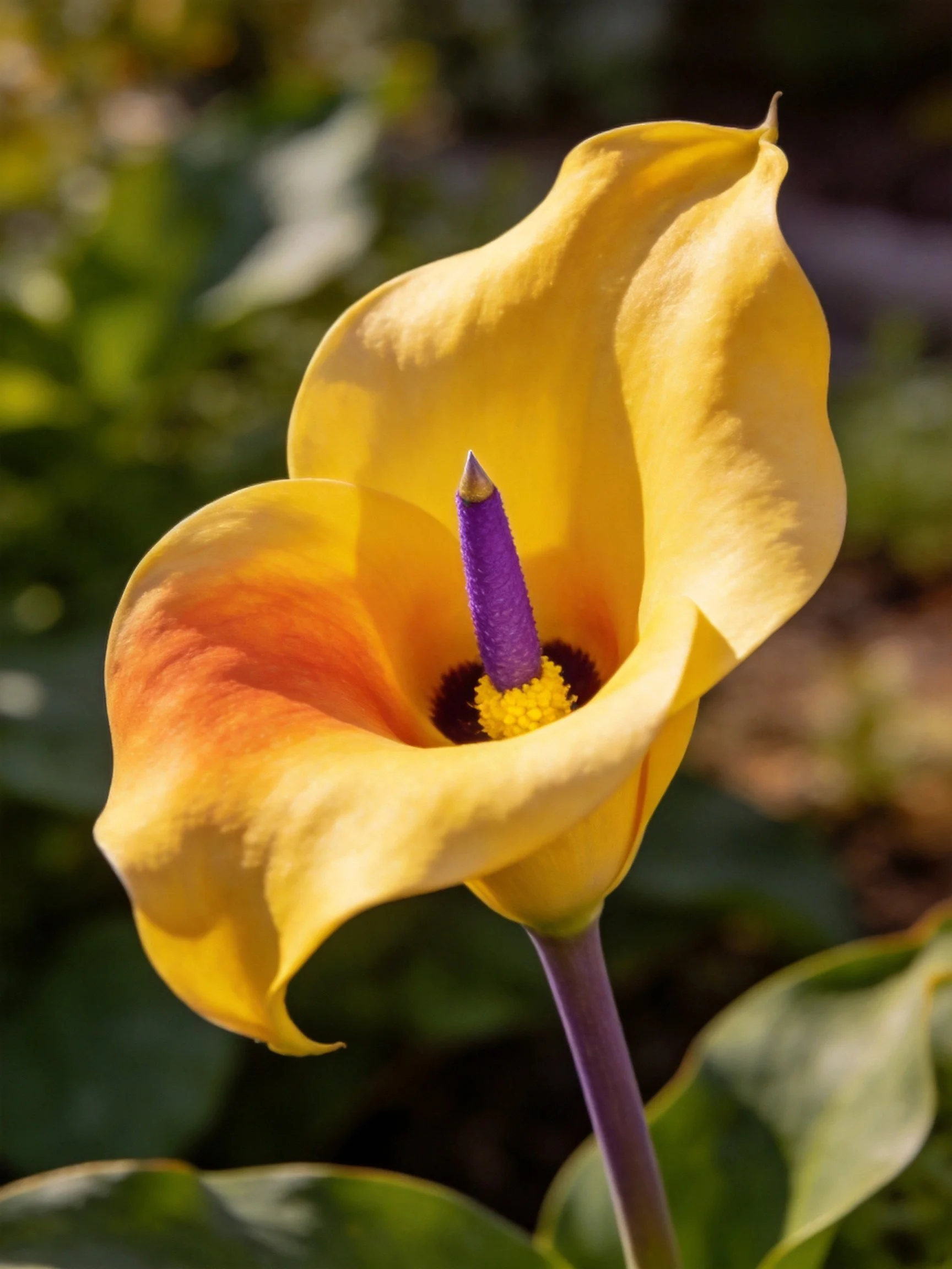 Yellow calla lily with purple spadix and orange petal accents