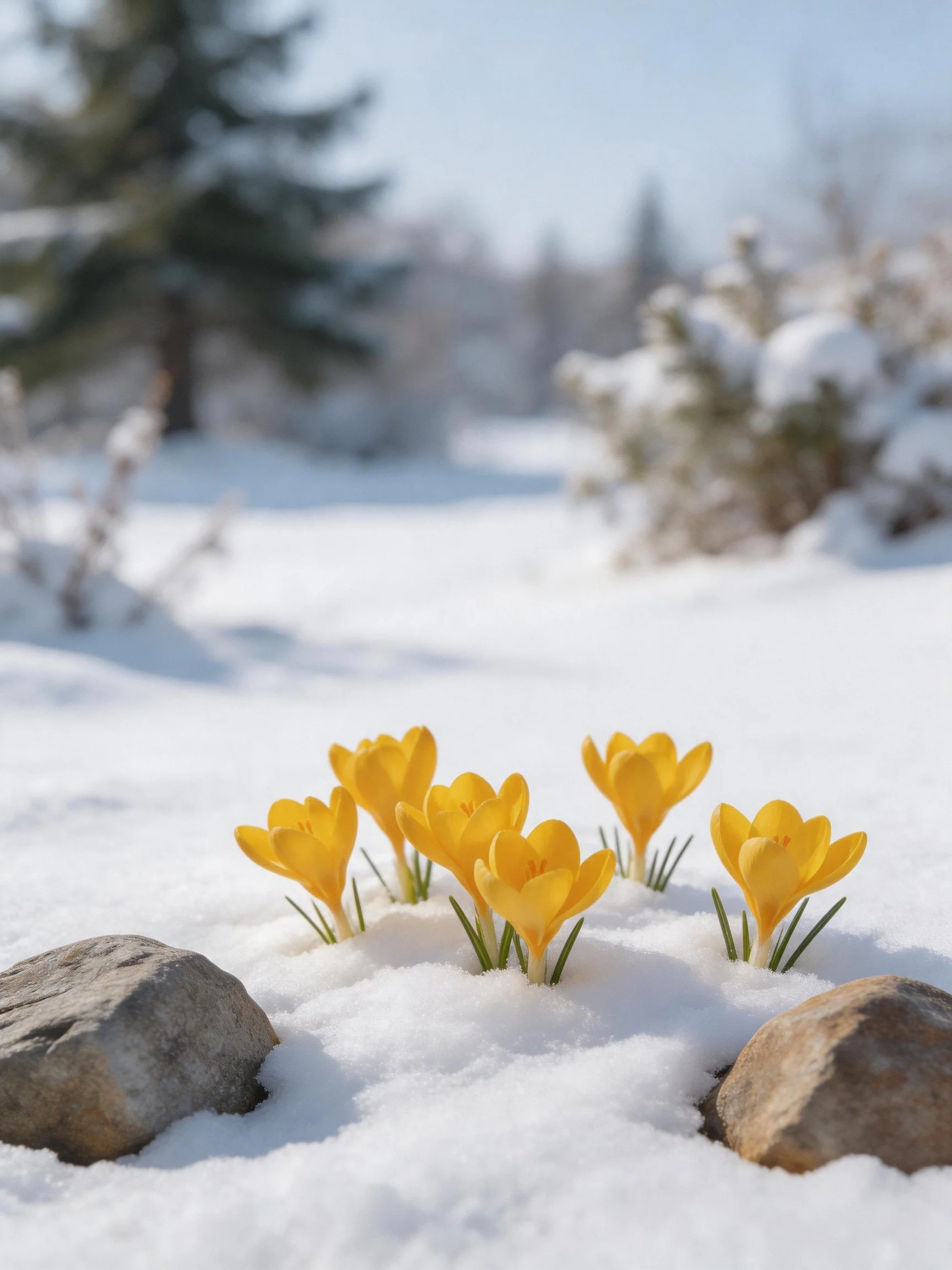 Yellow crocuses bloom through snow beside two rocks