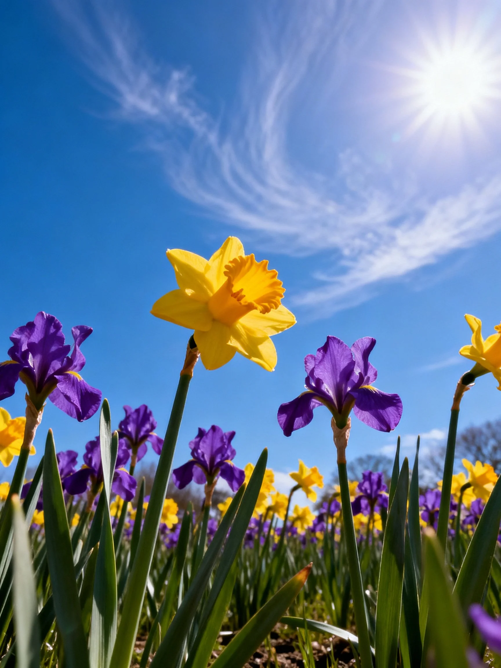 Yellow daffodils and purple irises bloom beneath a bright sunny sky
